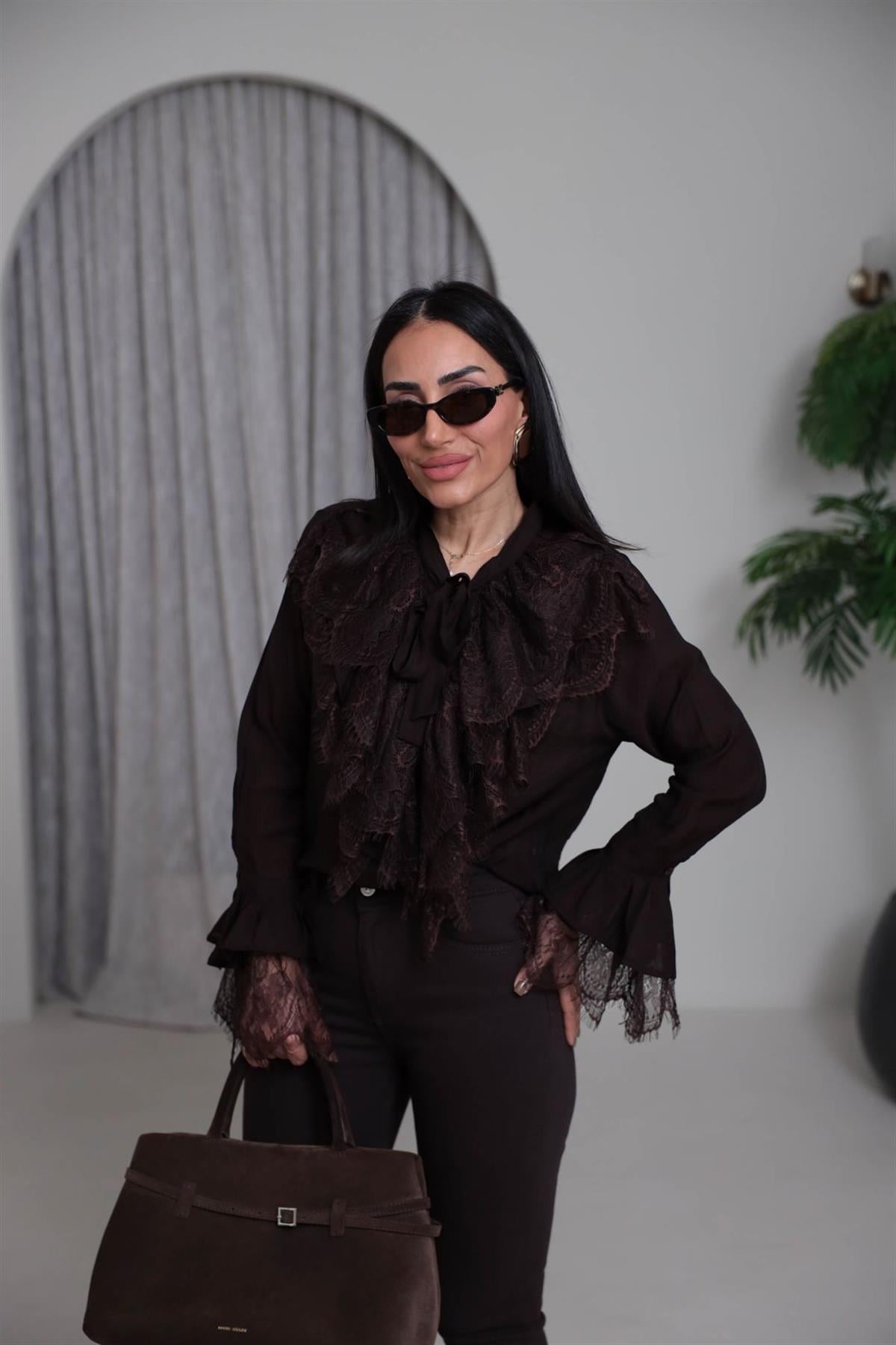 4512 Güpür Detaylı Önden Bağlamalı Gömlek ACI KAHVE