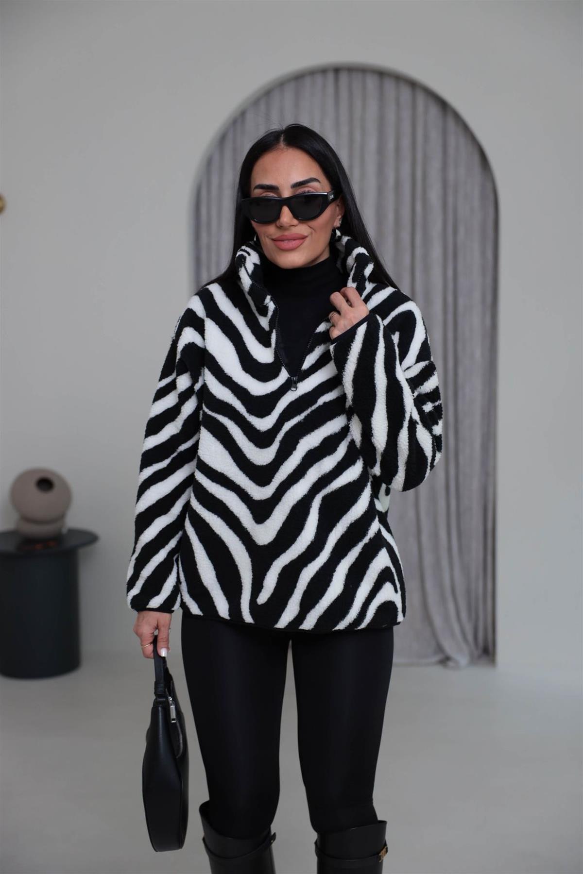 Dik Yaka Yarım Fermuarlı Polar Orj Sweatshirt ZEBRA