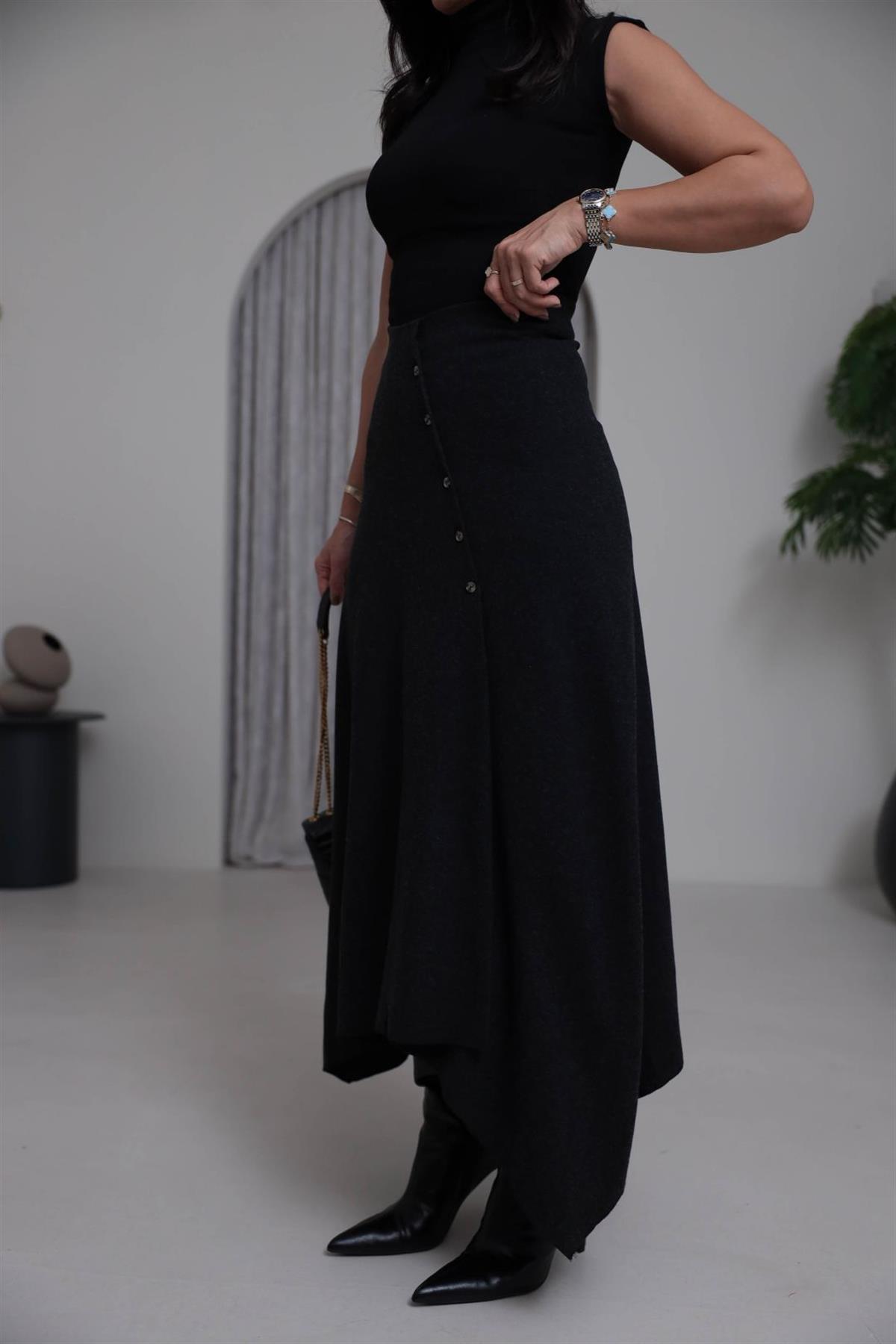 7298 Verev Düğmeli Asimetrik Etek ANTRASİT
