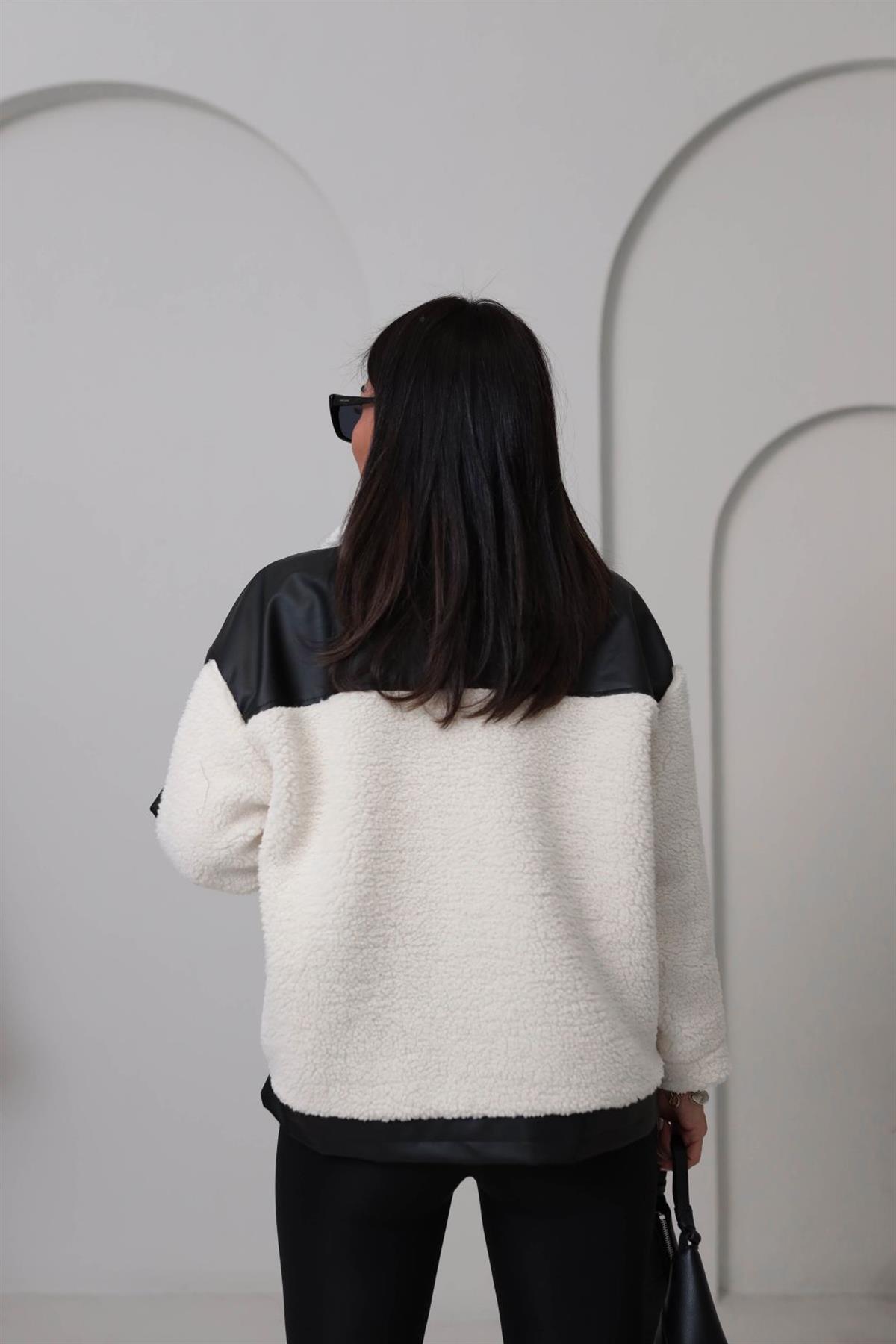 2631 Deri Garnili Kemer Detaylı Teddy Mont SİYAH-EKRU