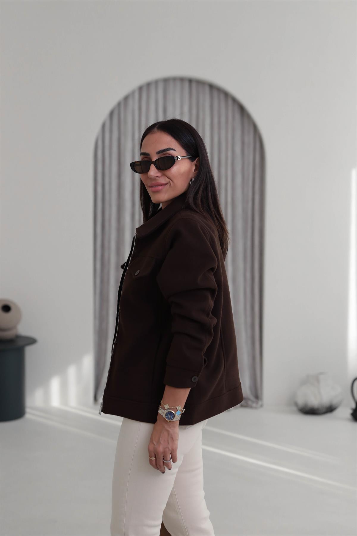 2806 Gömlek Yaka Detay Kaşe Ceket KAHVE