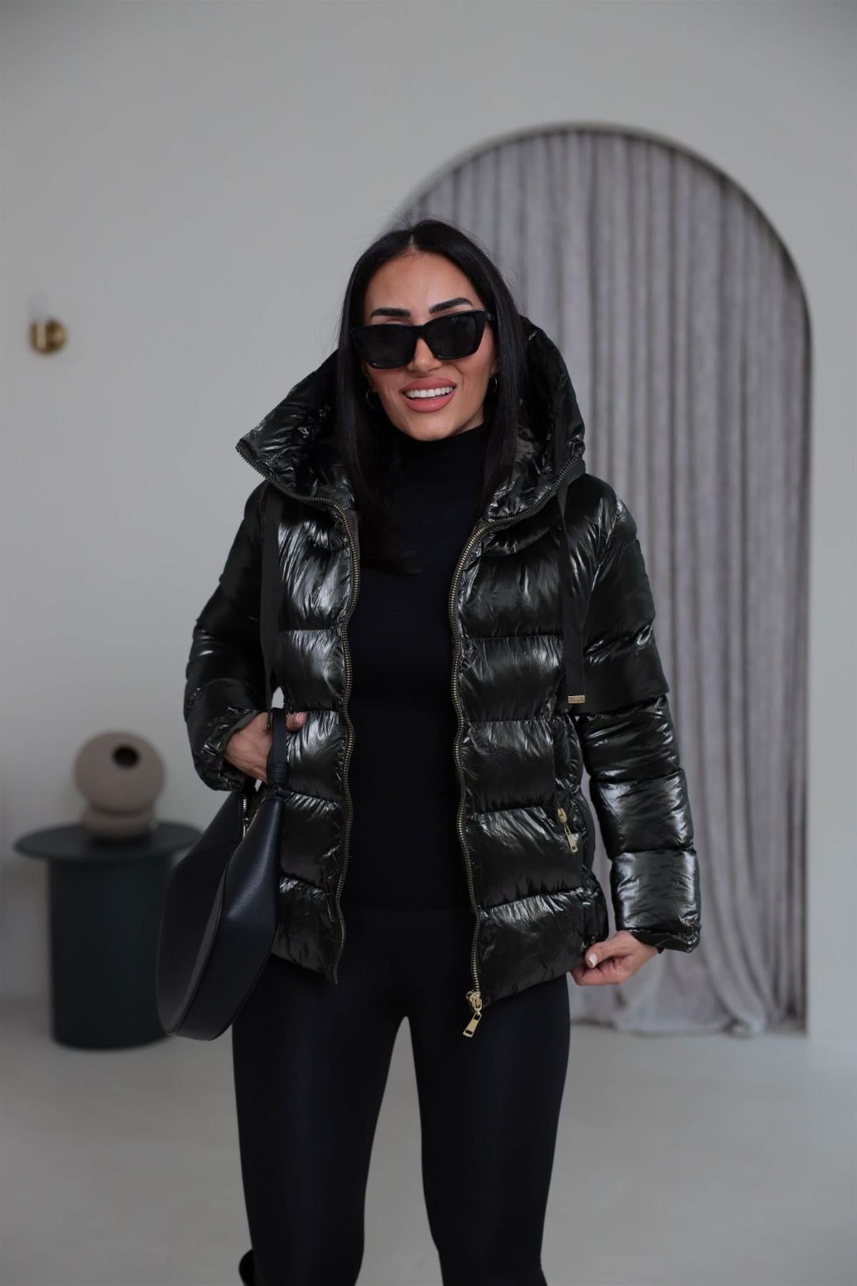 2262 Kapşonlu Parlak Dokulu Şişme Mont KOYU YEŞİL