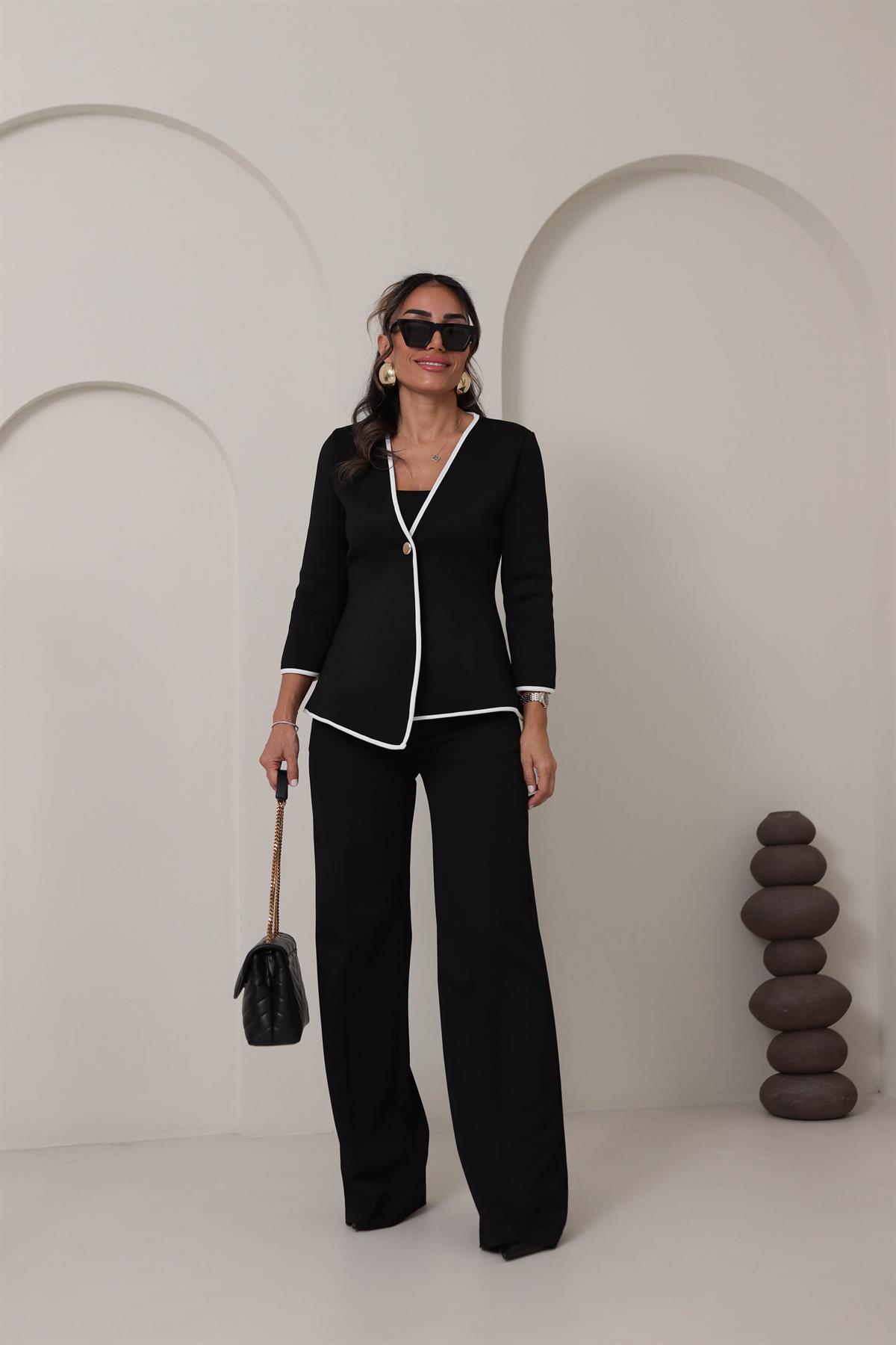 1212 Biyeli Gold Düğmeli Çelik Örme Ceket SİYAH