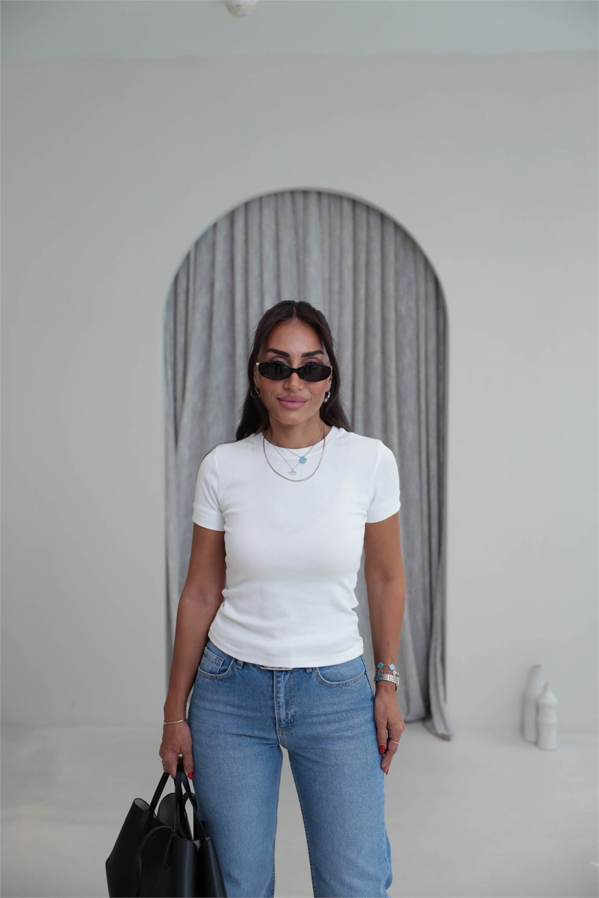 1591 Ribanalı Basic Pamuklu Tshirt EKRU