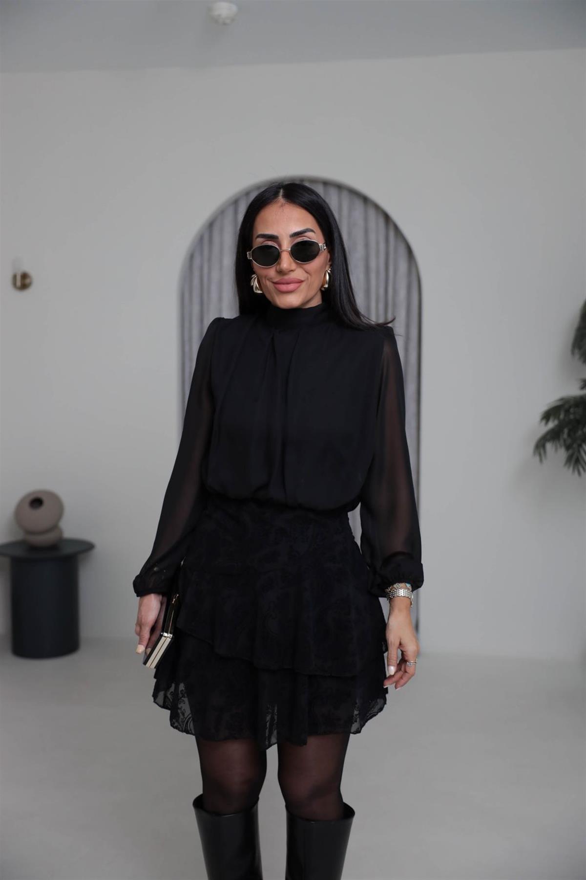 3863 Eteği Flok Baskı Katlı Elbise SİYAH