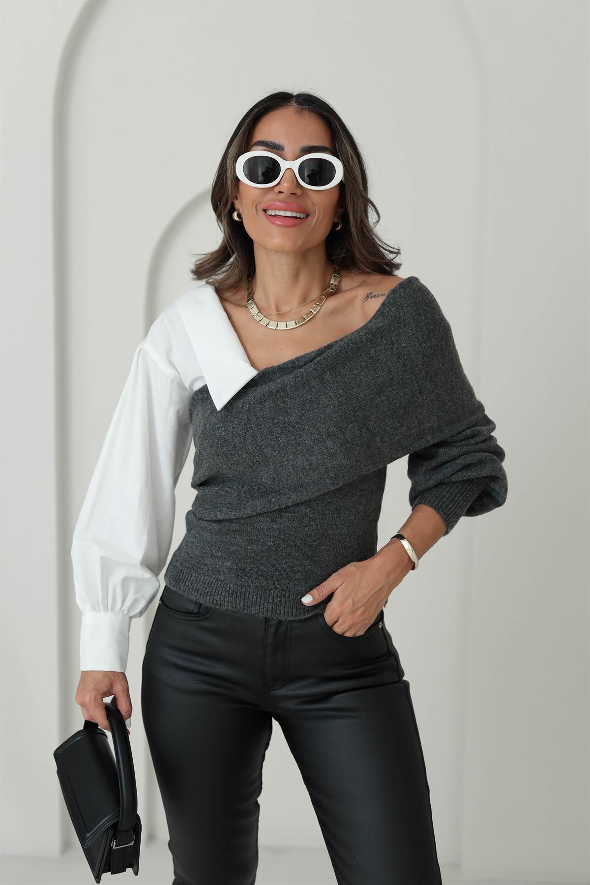 4256 Gömlek Garnili Triko Bluz ANTRASİT