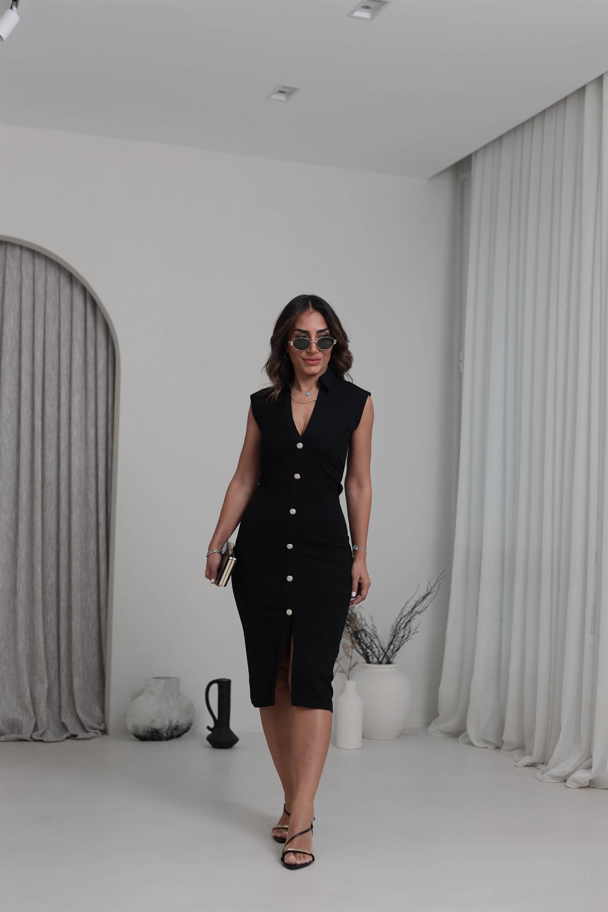 6792 Polo Yaka Gold Düğmeli Drapeli Çelik Örme Elbise SİYAH