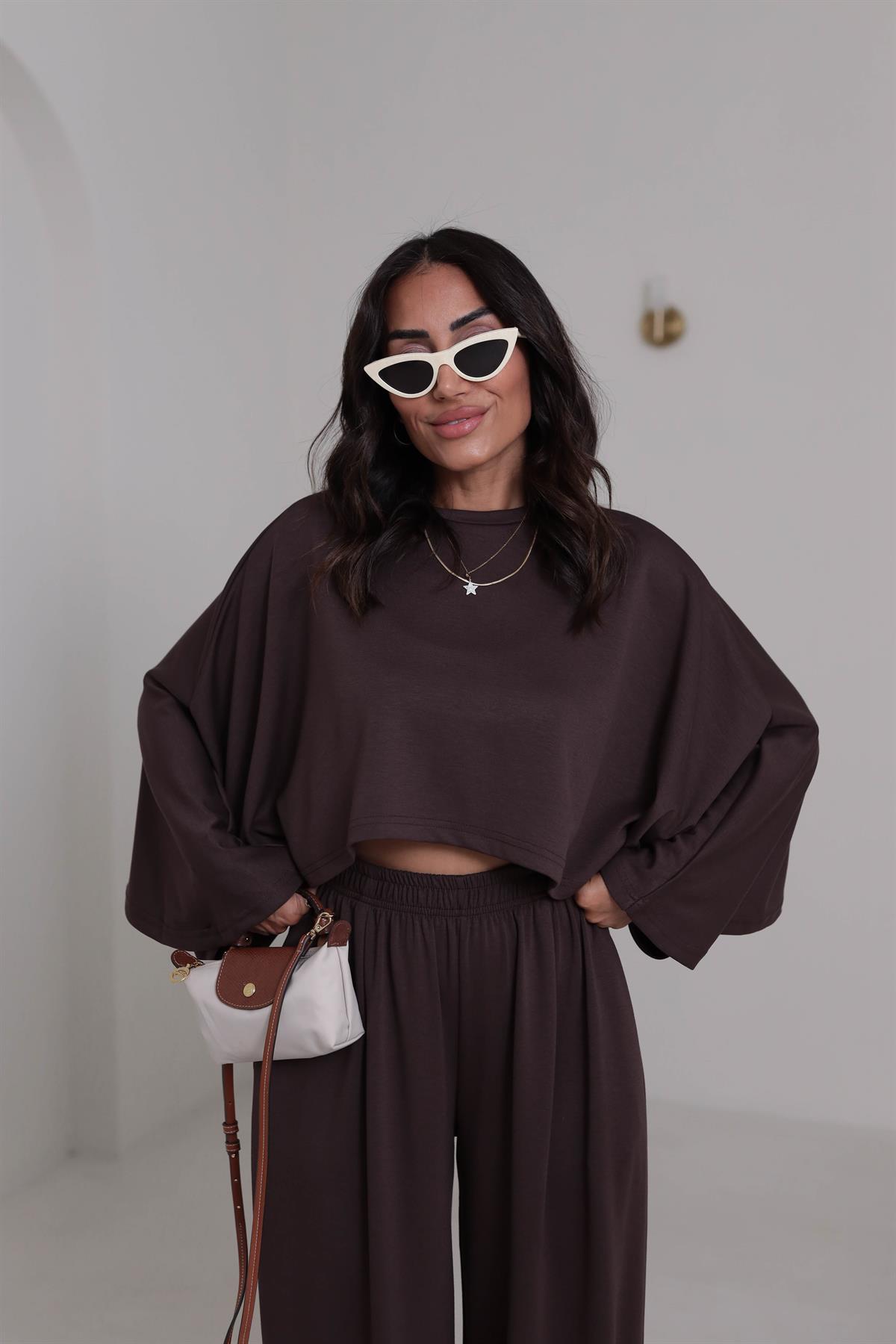 4025 Oys Yarasa Kollu Modal Takım KAHVE