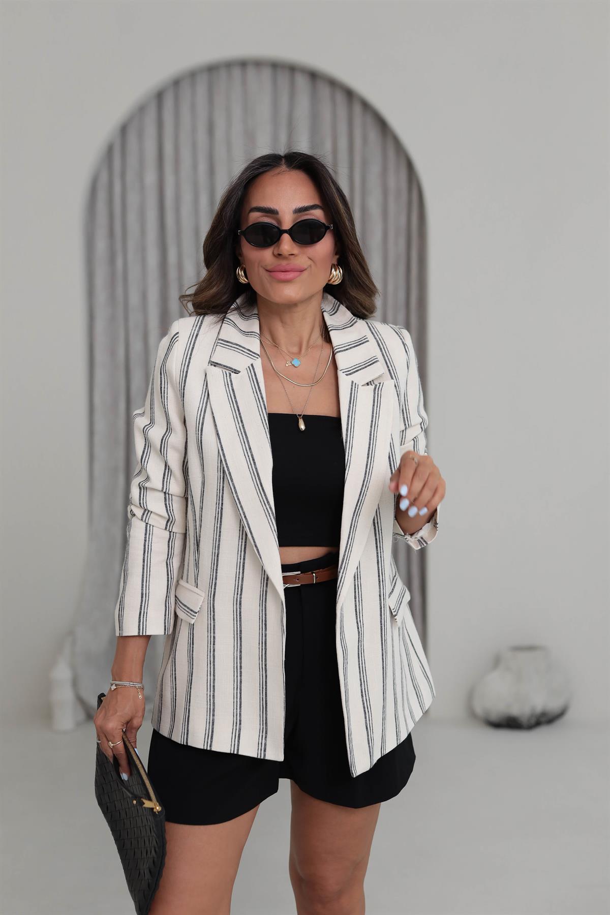 9424 Çizgili Keten Blazer Ceket SİYAH