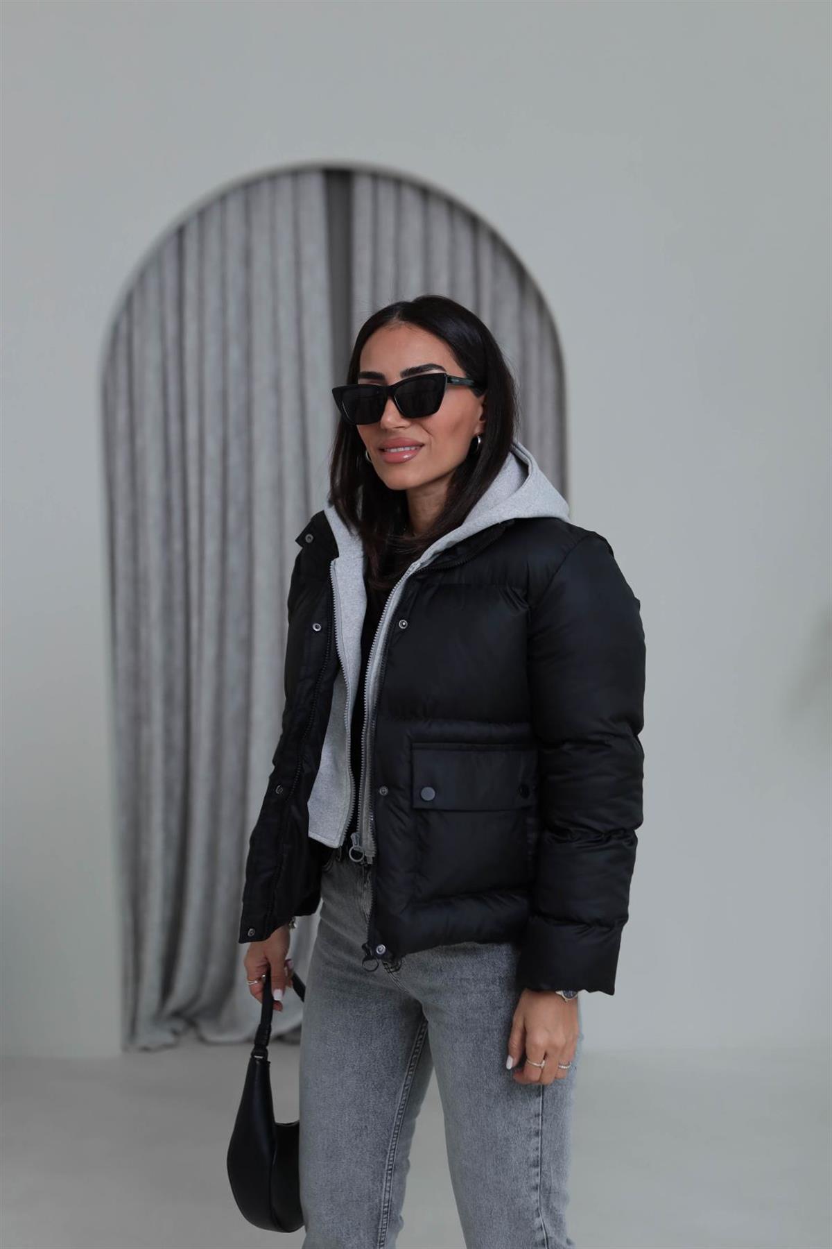 2148 Kapşonlu Şişme Mont SİYAH