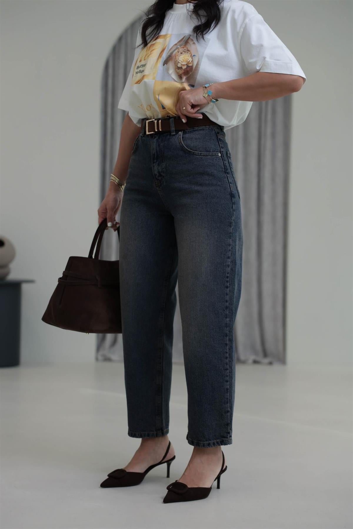 3010 Kemerli Yüksek Bel Baggy Jean KOYU TİNTLİ