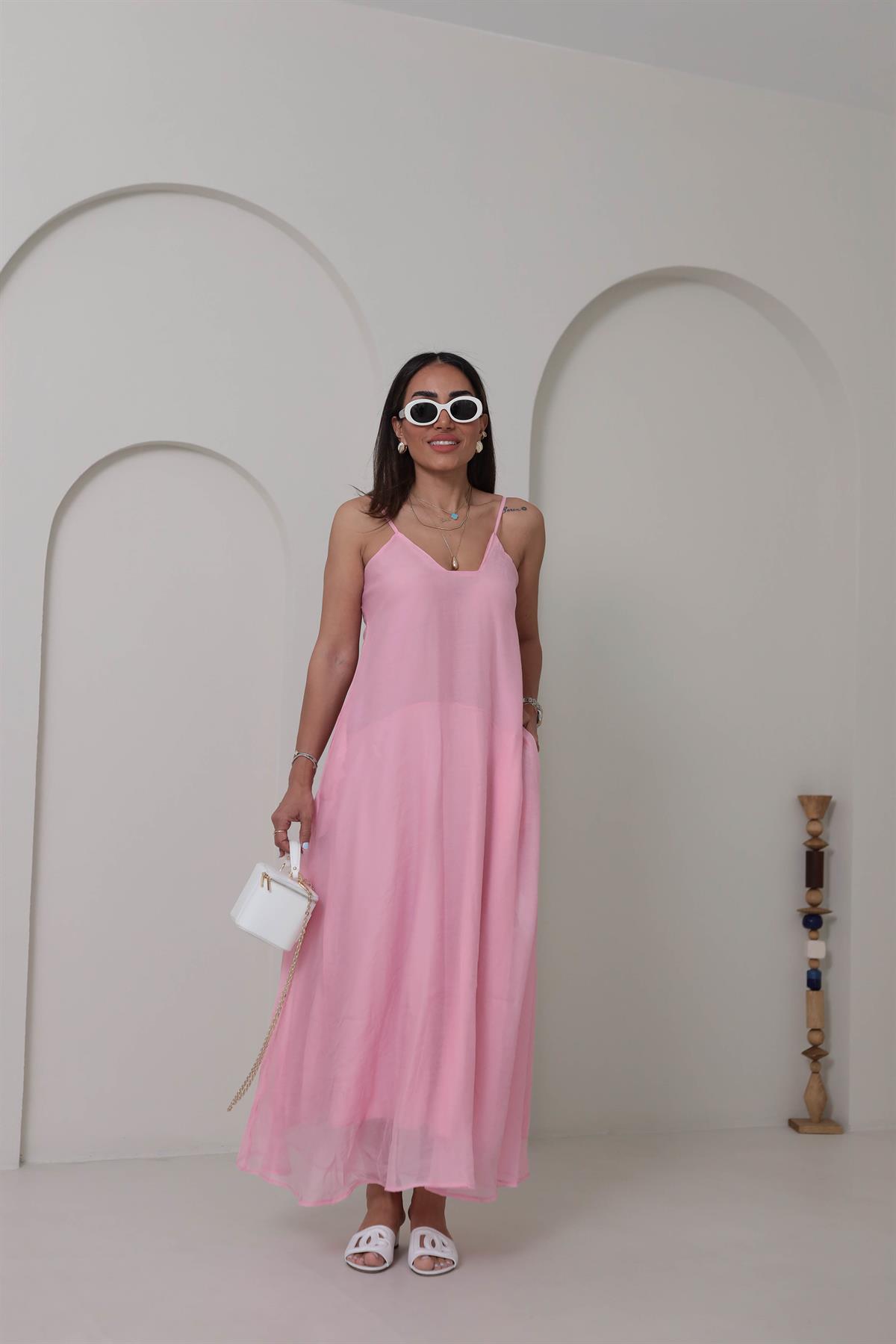 3227 Askılı Kare Yaka Maxi Tencel Elbise PEMBE