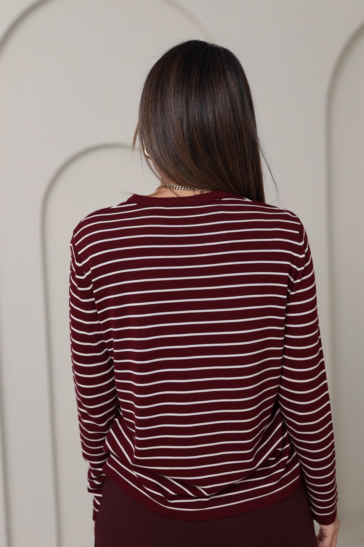 Çizgili Bisiklet Yaka Merzerize Triko BORDO