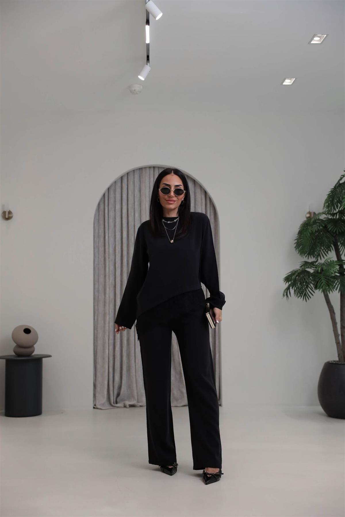 7308 Dantelli Tencel Modal Takım SİYAH