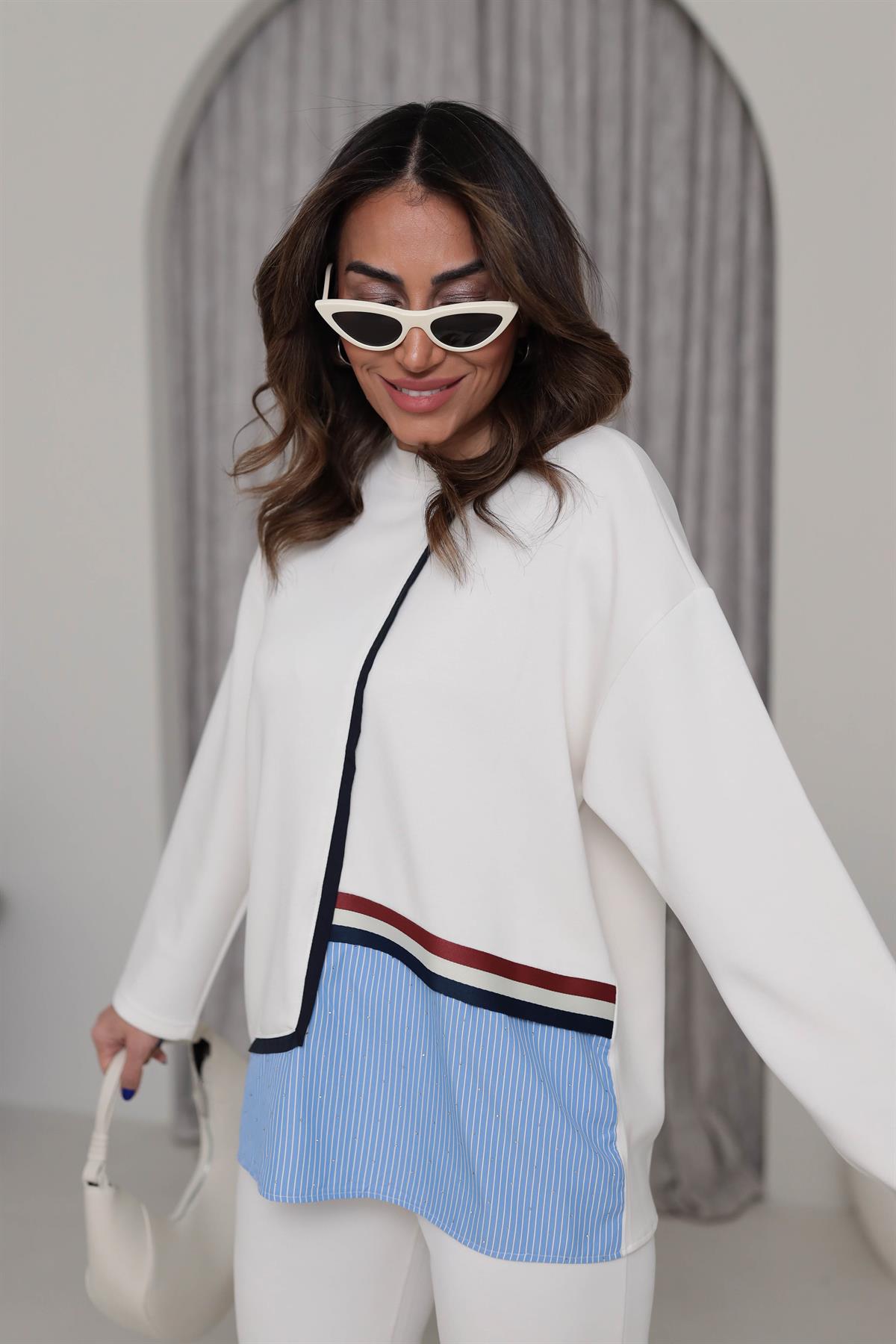 5979 Gömlek Mixli Şeritli Modal Sweatshirt EKRU