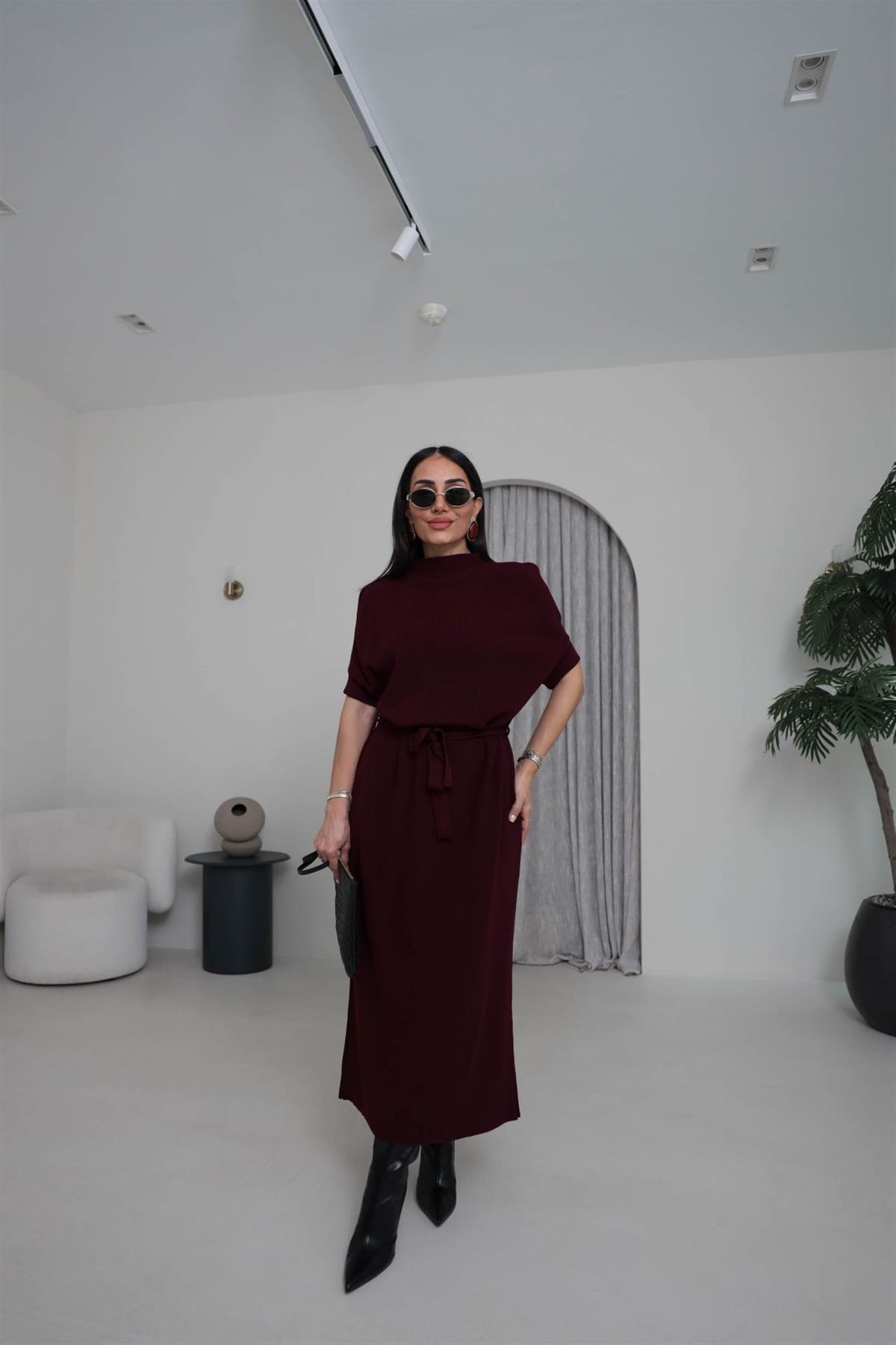 5265 Dik Yaka Kuşaklı Triko Elbise BORDO