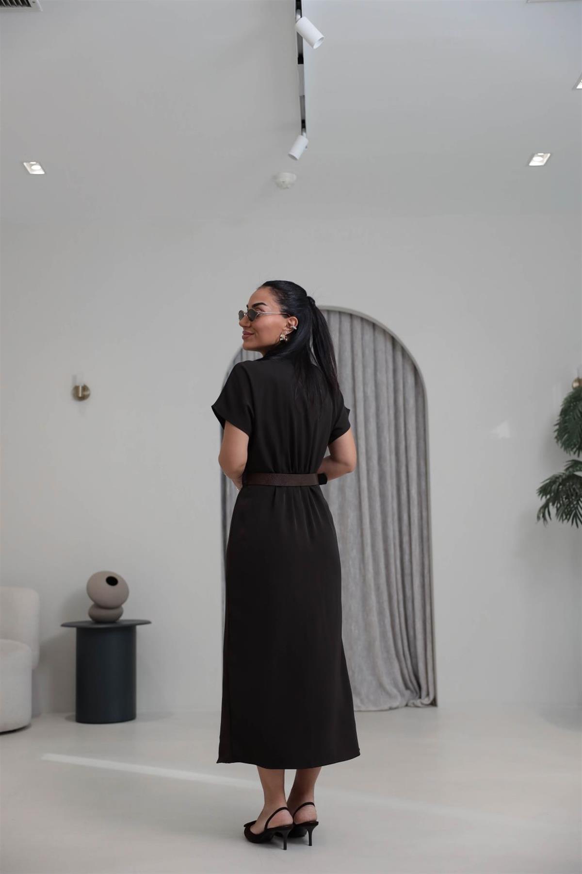 7045 Hakim Yaka Düğme Ve Kemerli Linda Elbise KAHVE