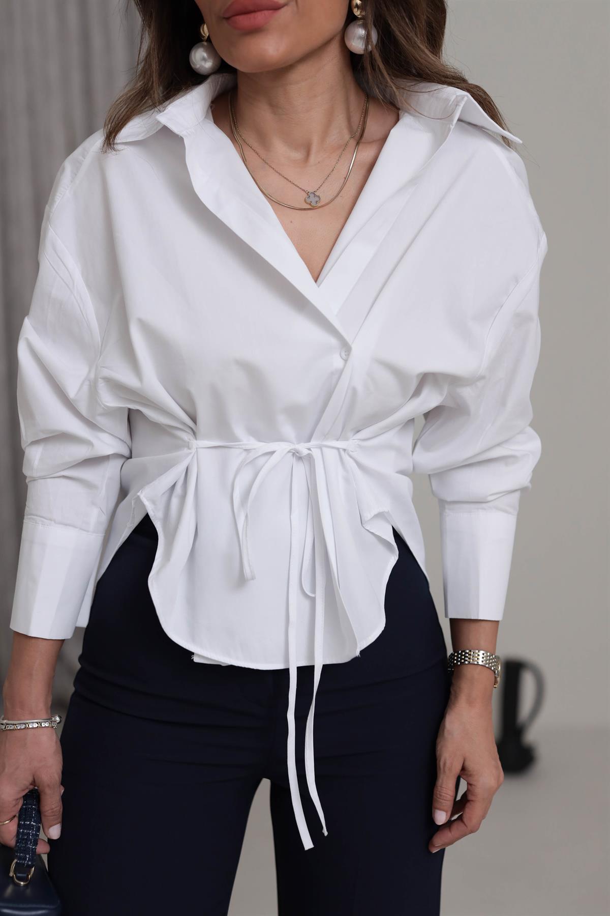 Bel Bağlama Detaylı Oversize Poplin Gömlek BEYAZ