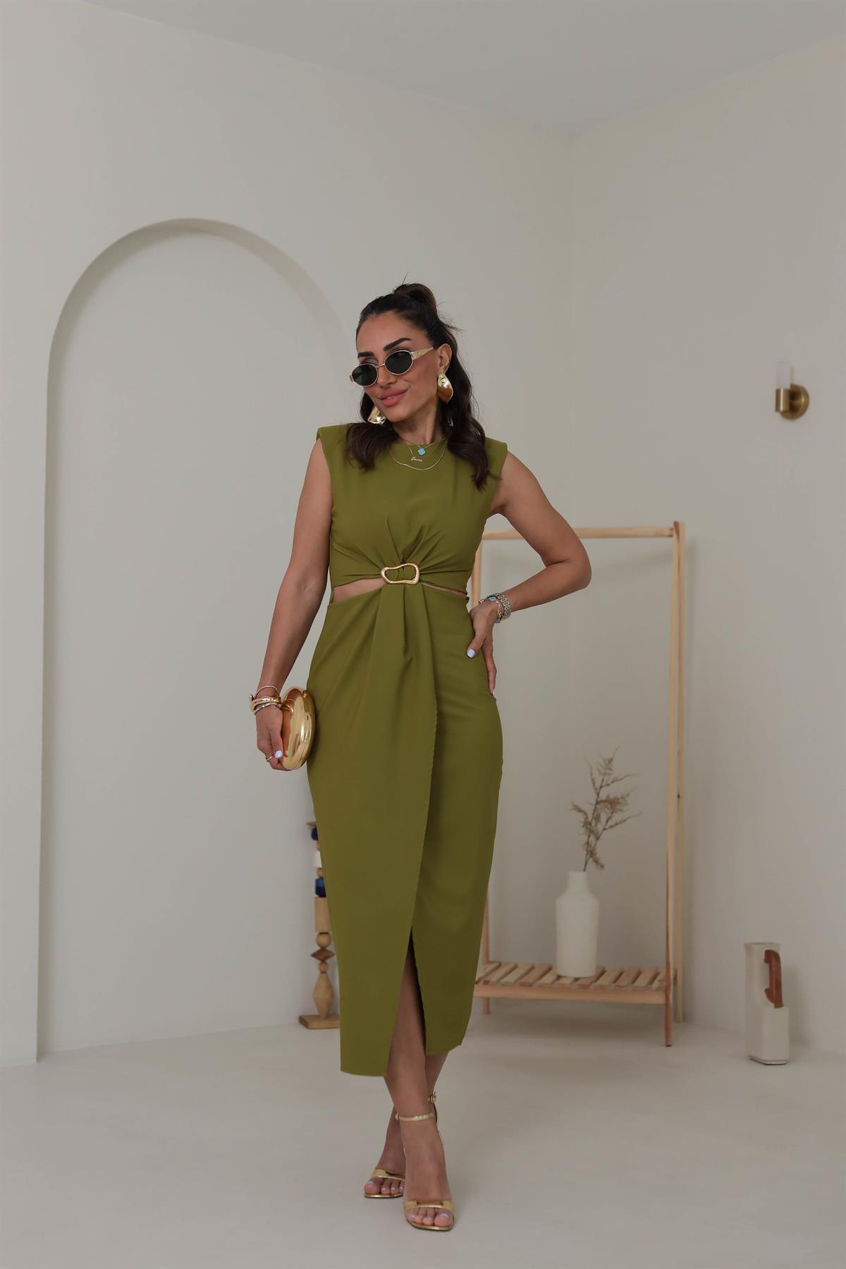 3755 Sıfır Kol  Bel Dekolteli Gold Tokalı Midi Elbise YAĞ YEŞİLİ