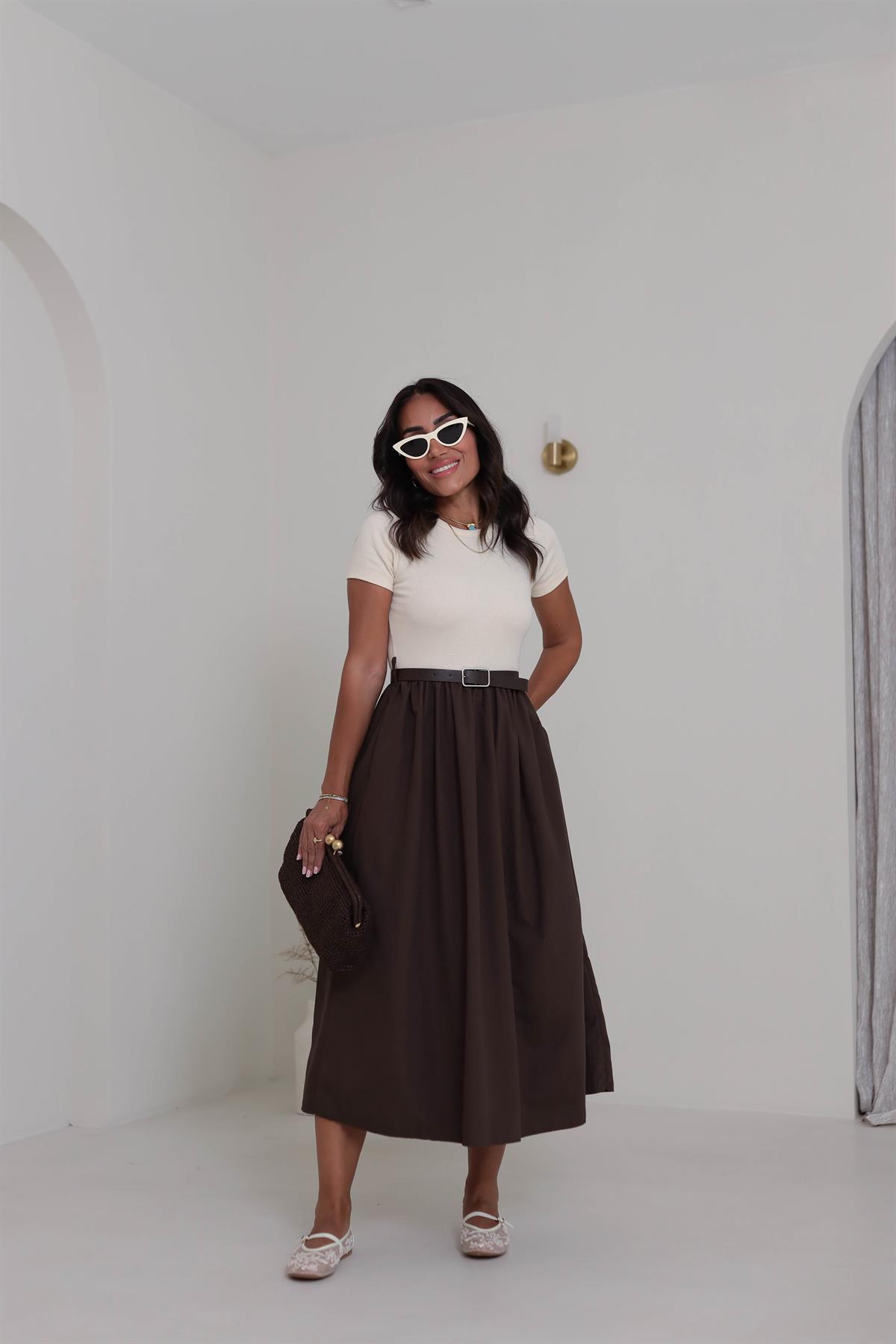 2017 Kemerli Kaşkorse Elbise KREM