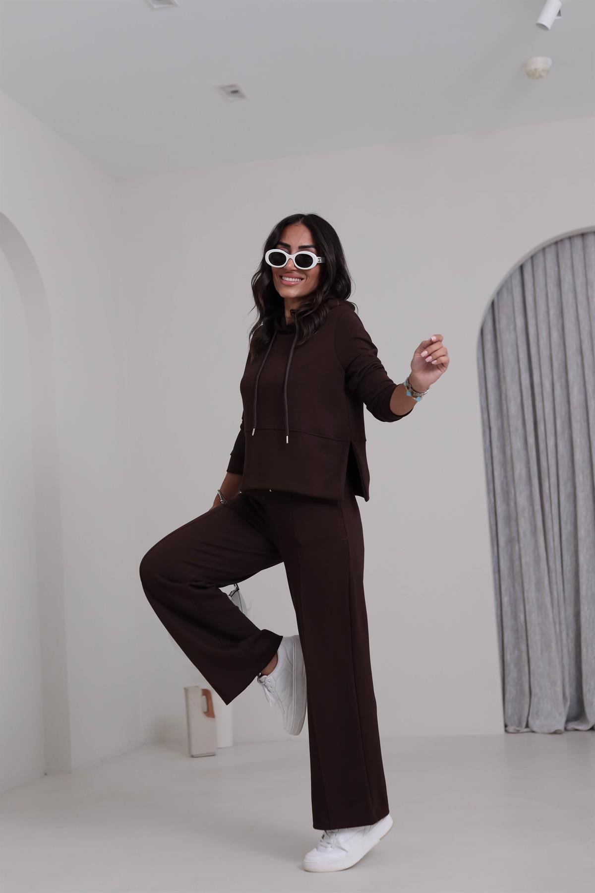 7327 Kapşonlu Yırtmaçlı Çimalı Modal Takım KAHVE