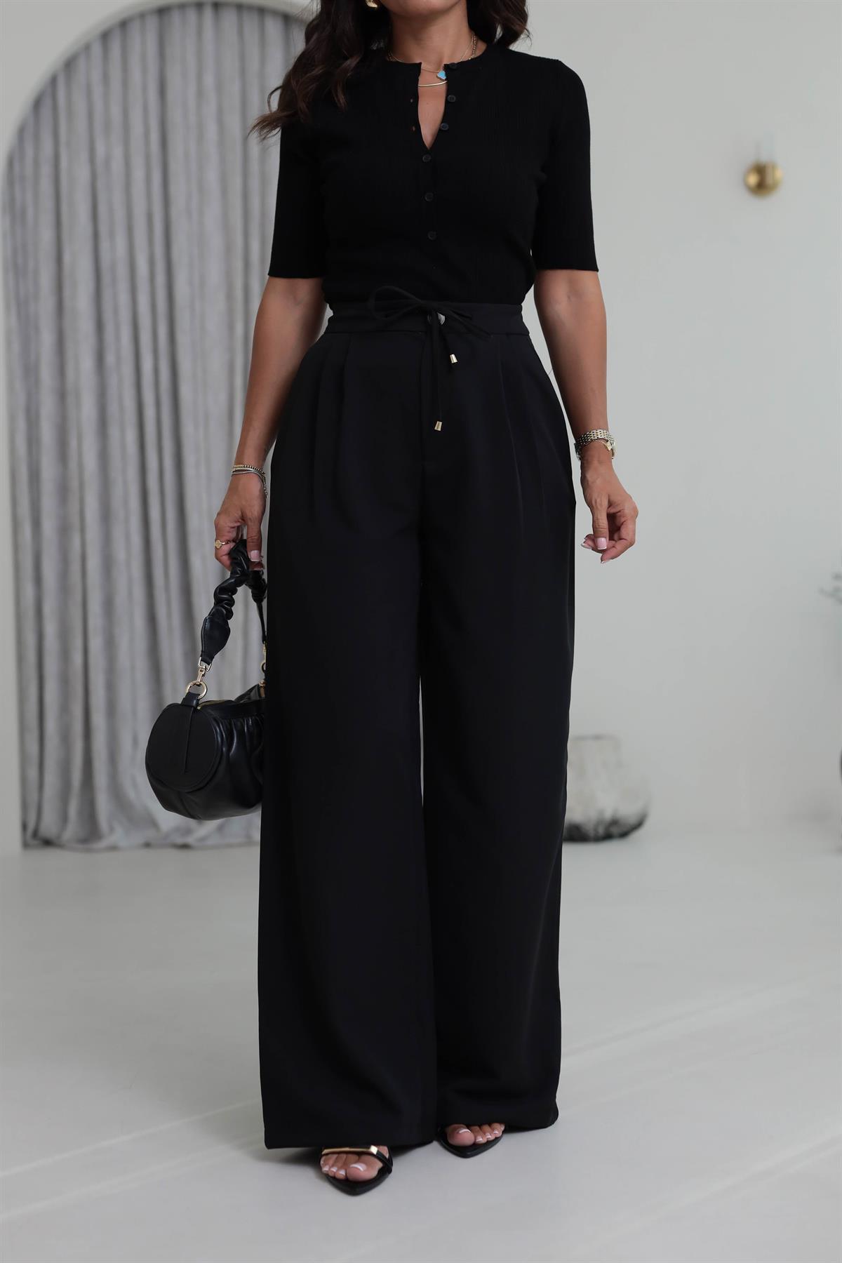 1212 Bağcık Detay Pileli Palazzo Pantolon SİYAH