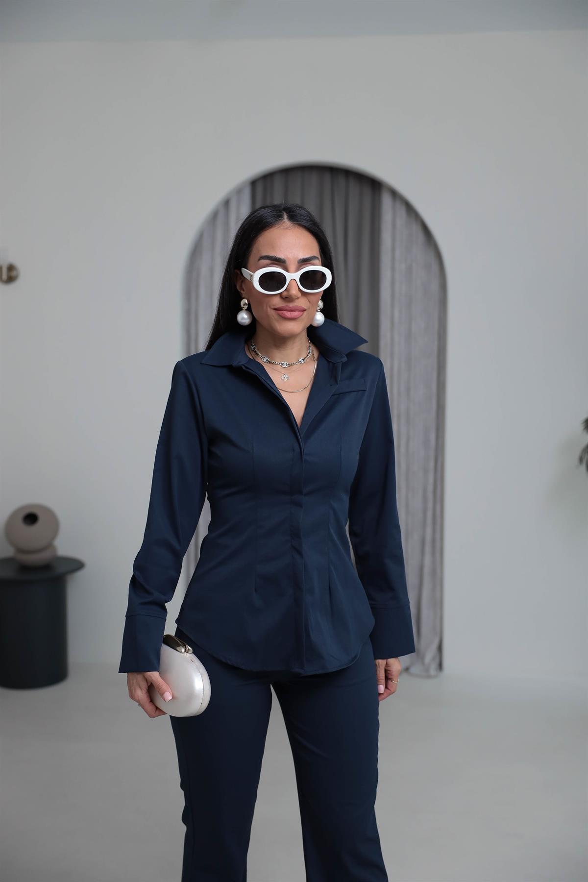 0830 Vatkalı ve Cep Detaylı Gömlek Pantolon Takım LACİVERT