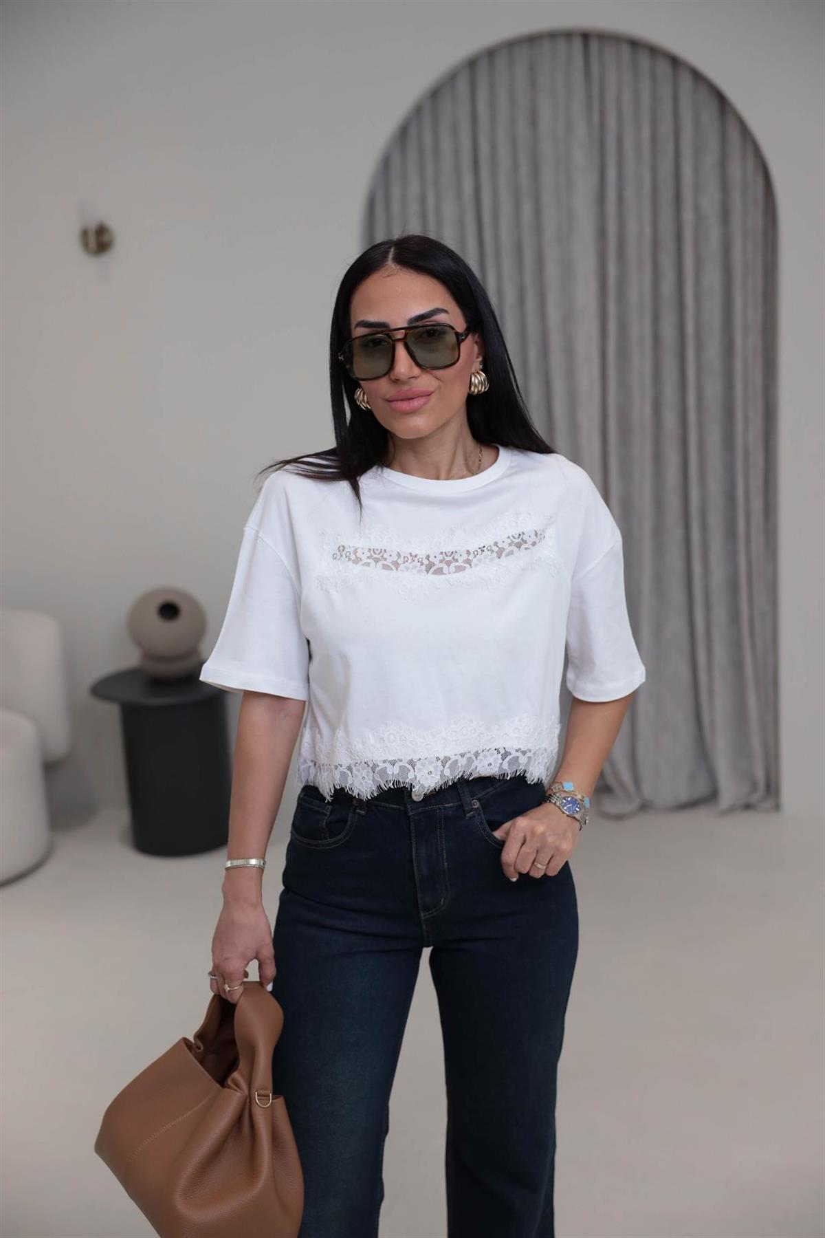 2252 Dantel Detaylı Pamuklu Kısa Tshirt EKRU