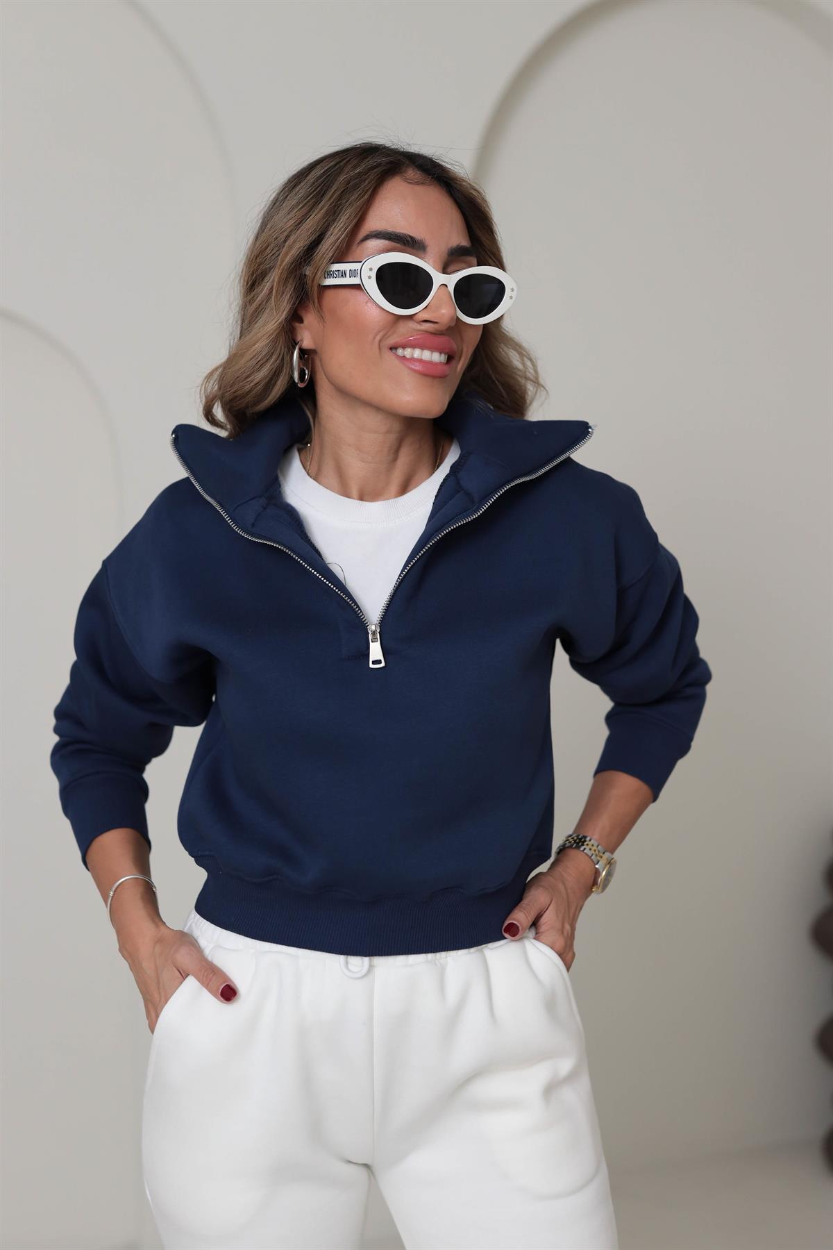 132 Fermuar Detaylı Crop Sweatshirt LACİVERT