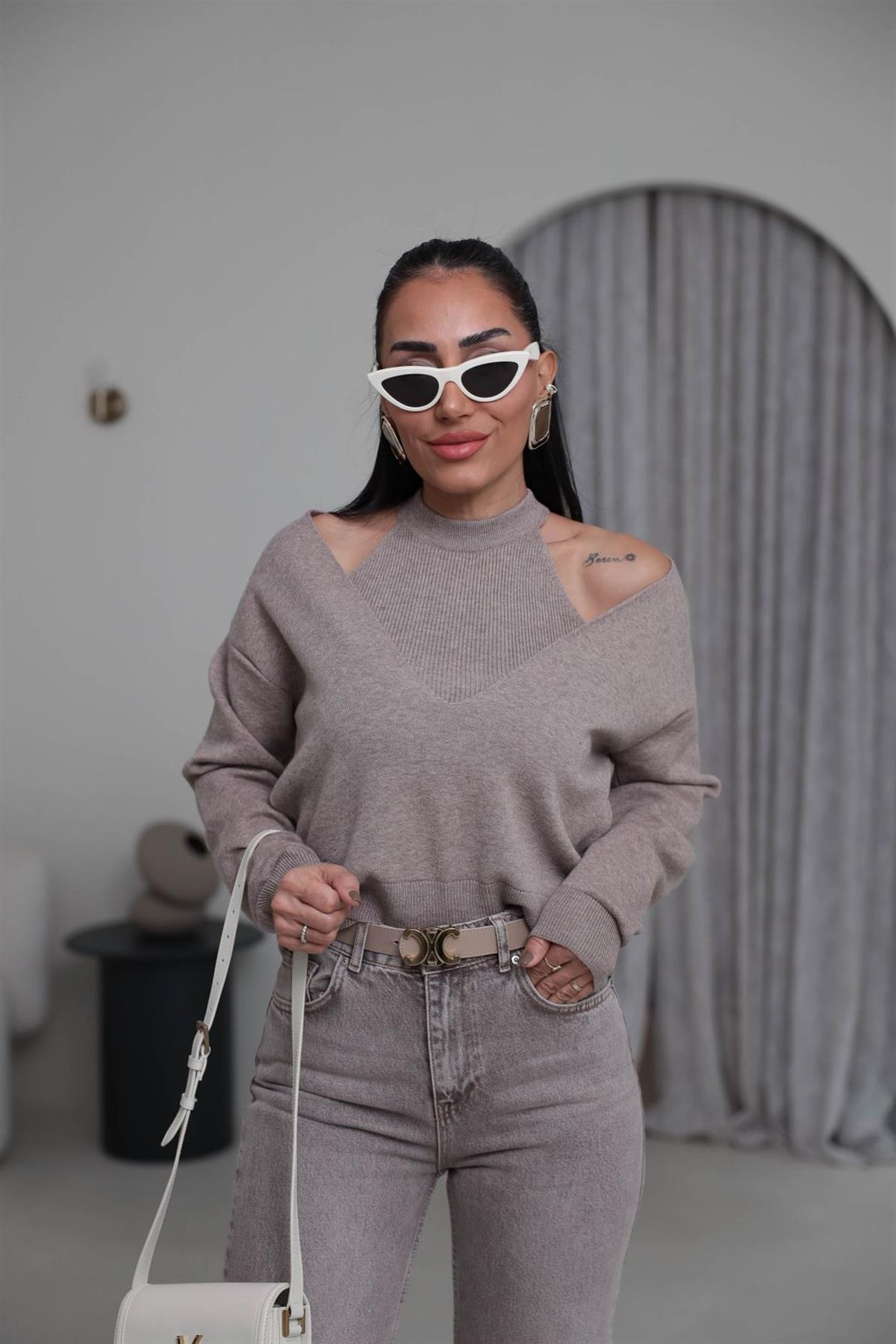 1206 V Yaka İkili Korsman Bluz VİZON