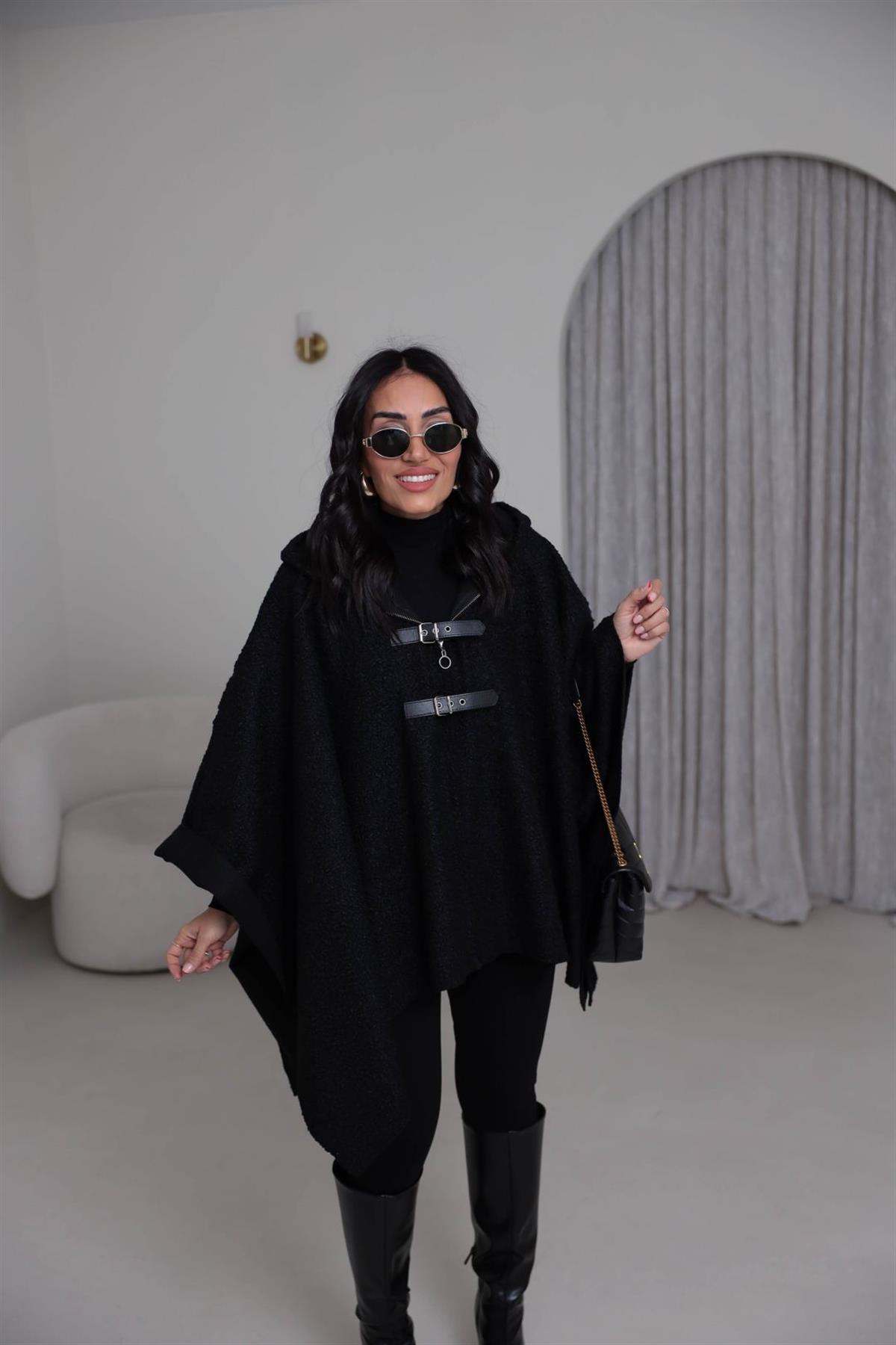 9175 Kemer Detay Kapşonlu Buklet Panço SİYAH