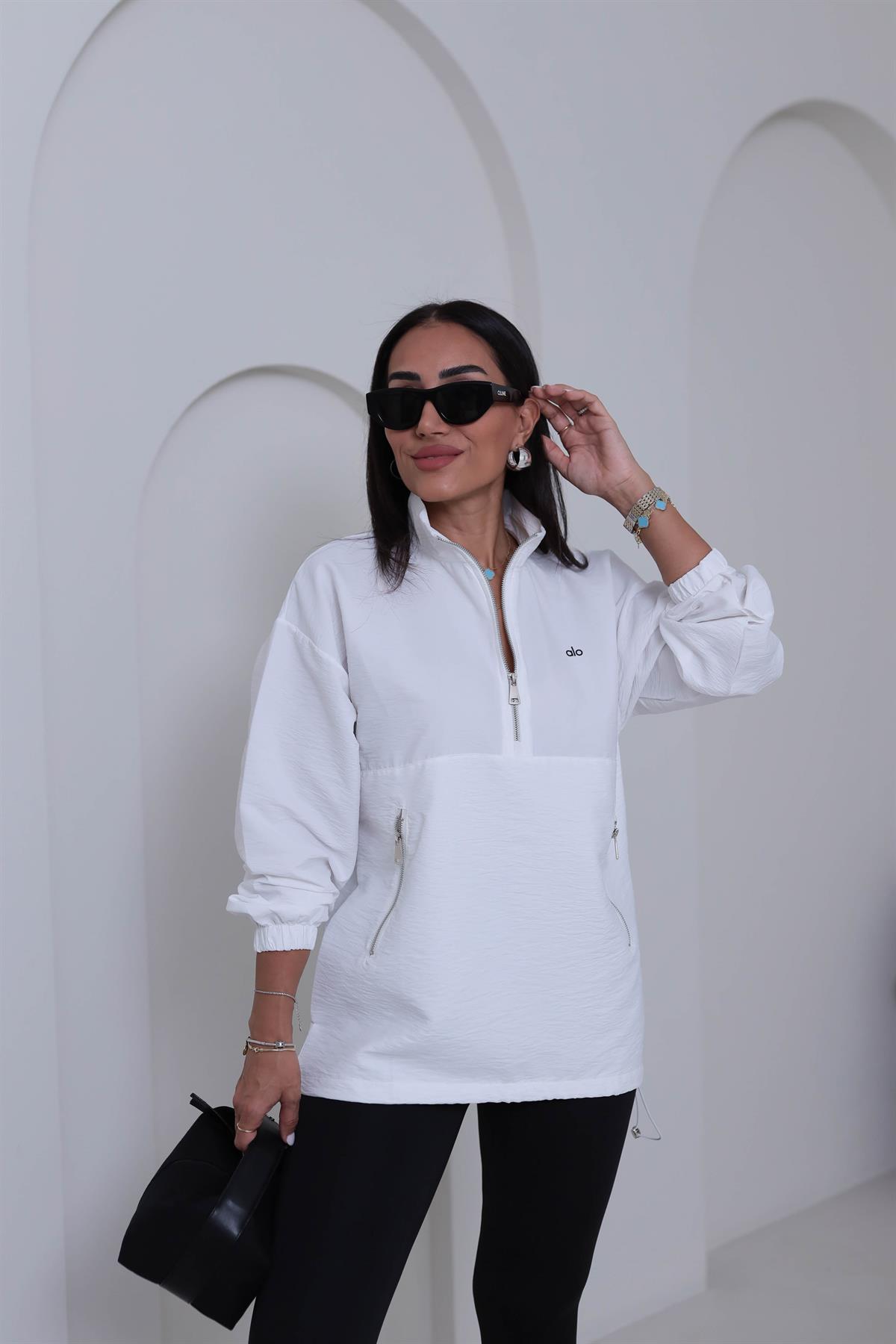 2120 Yazı Baskılı Rahat Paraşüt Sweatshirt BEYAZ