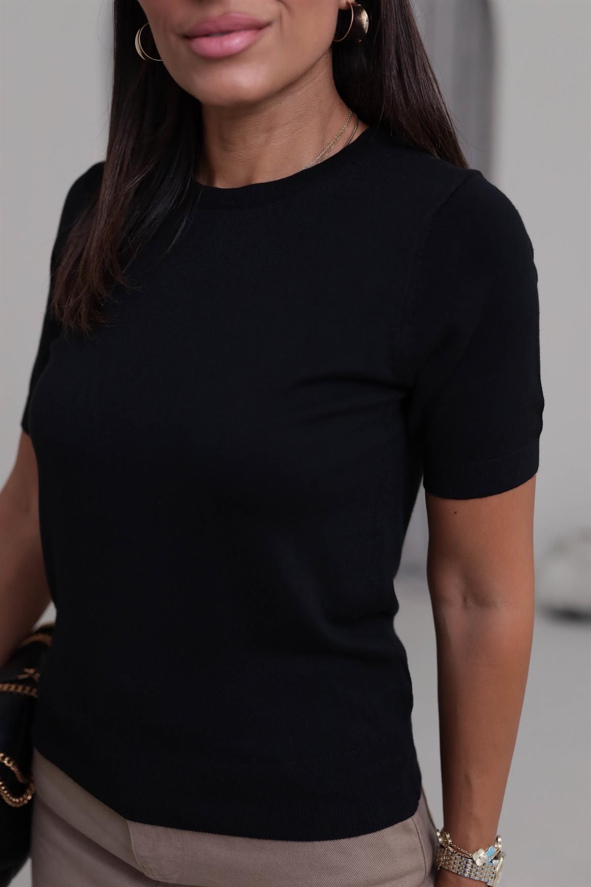 0779 Bisiklet Yaka Kısa Kol Basic Triko Bluz SİYAH