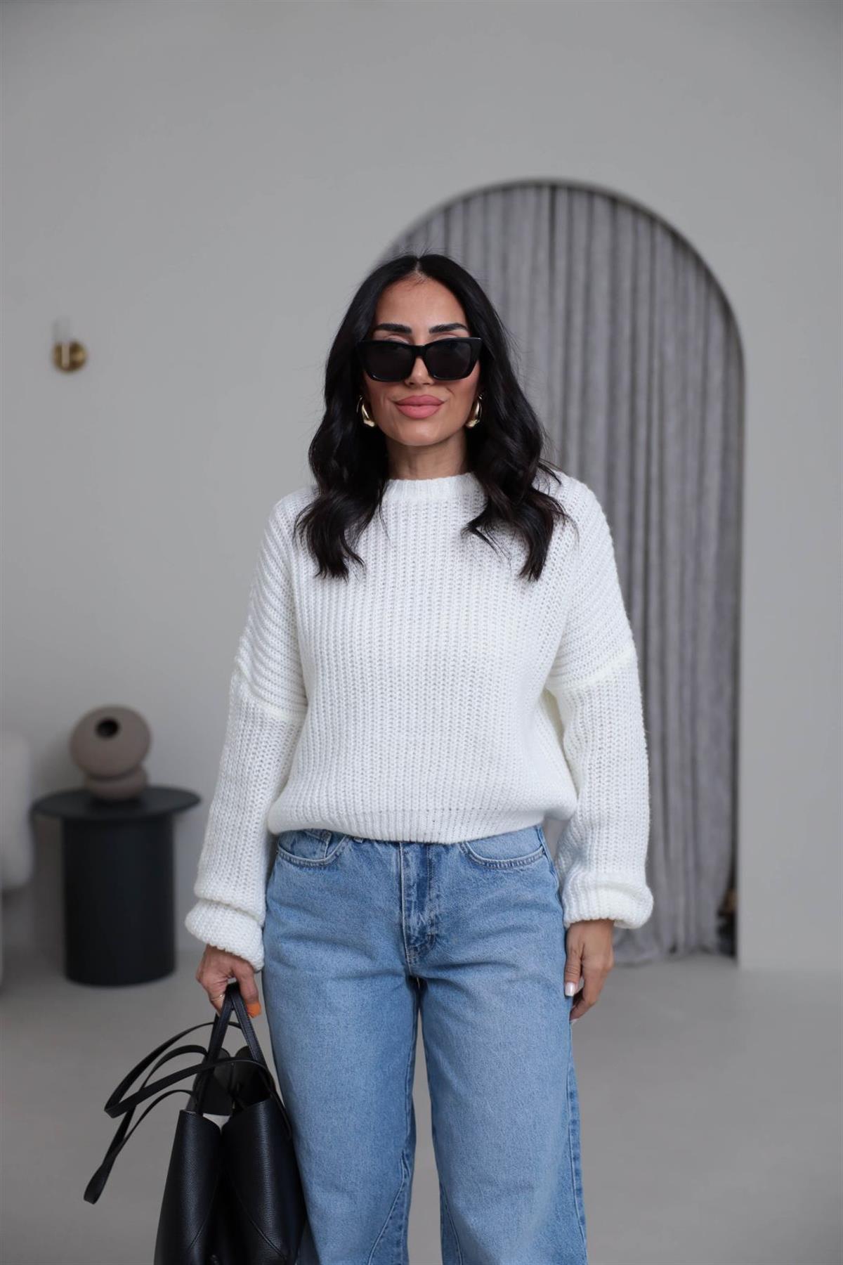 3579 Bisiklet Yaka Örme Oversize Kısa Kazak EKRU