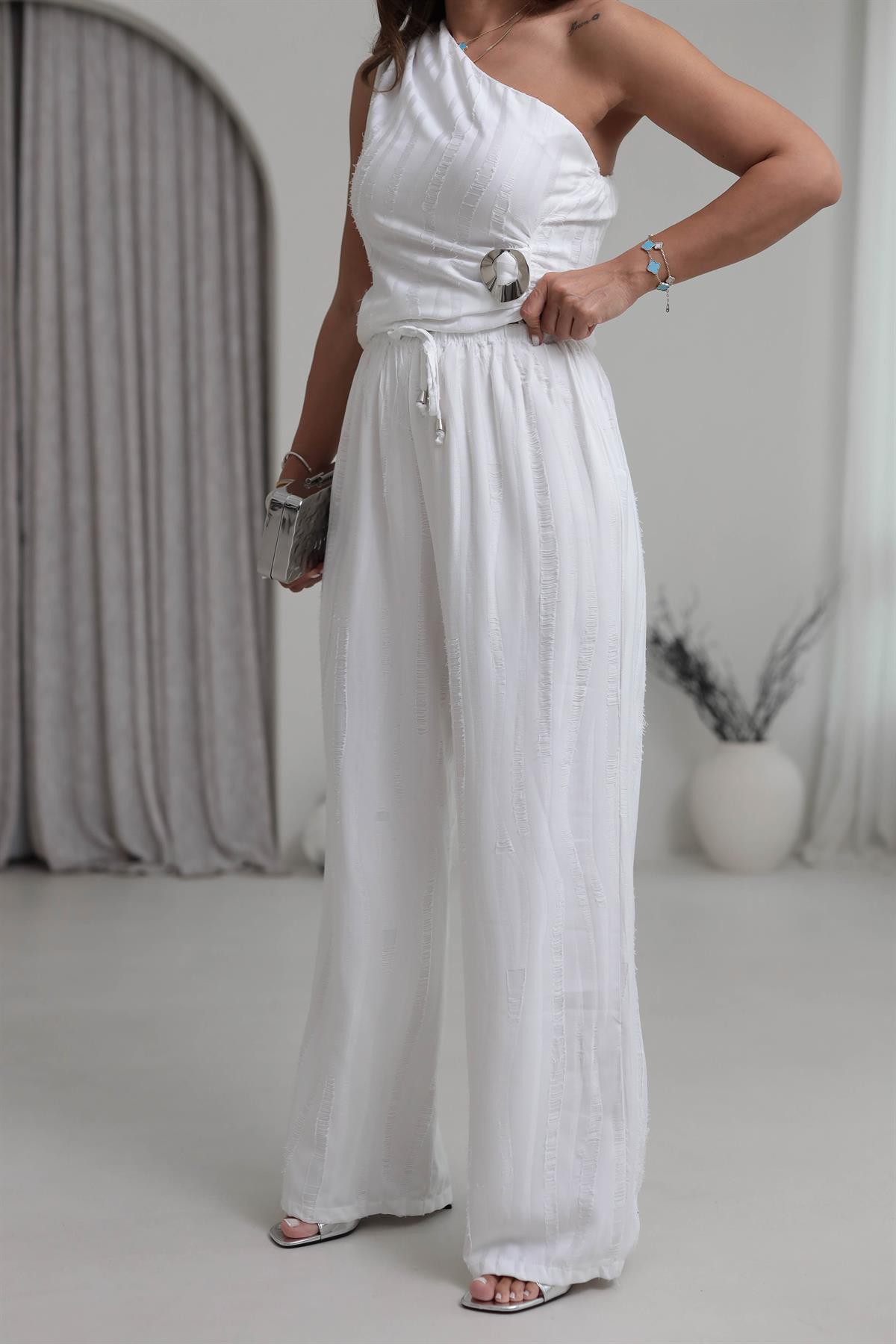 0111 Beli Lastikli Kendinden Desenli Pantolon BEYAZ