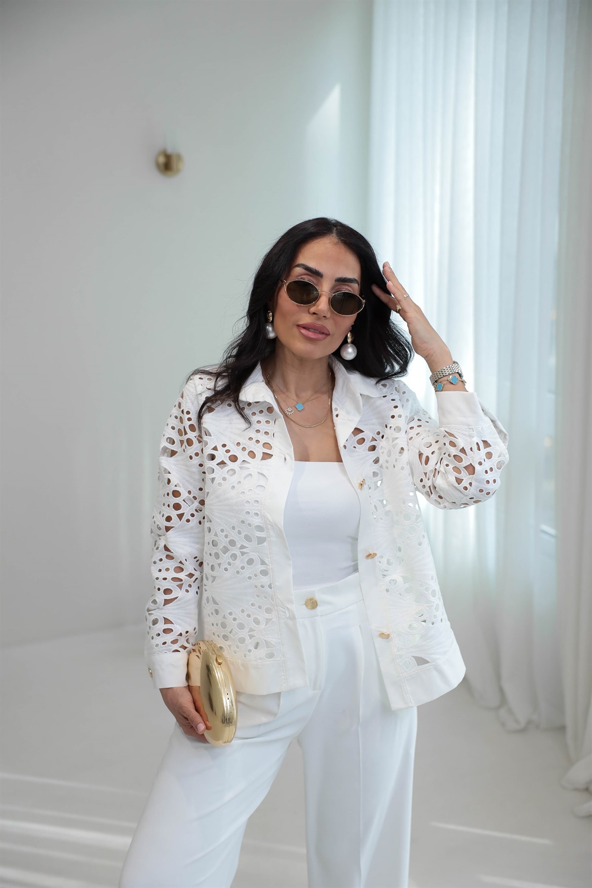 Gold Düğmeli Poplin Garnili Dantelli Ceket BEYAZ