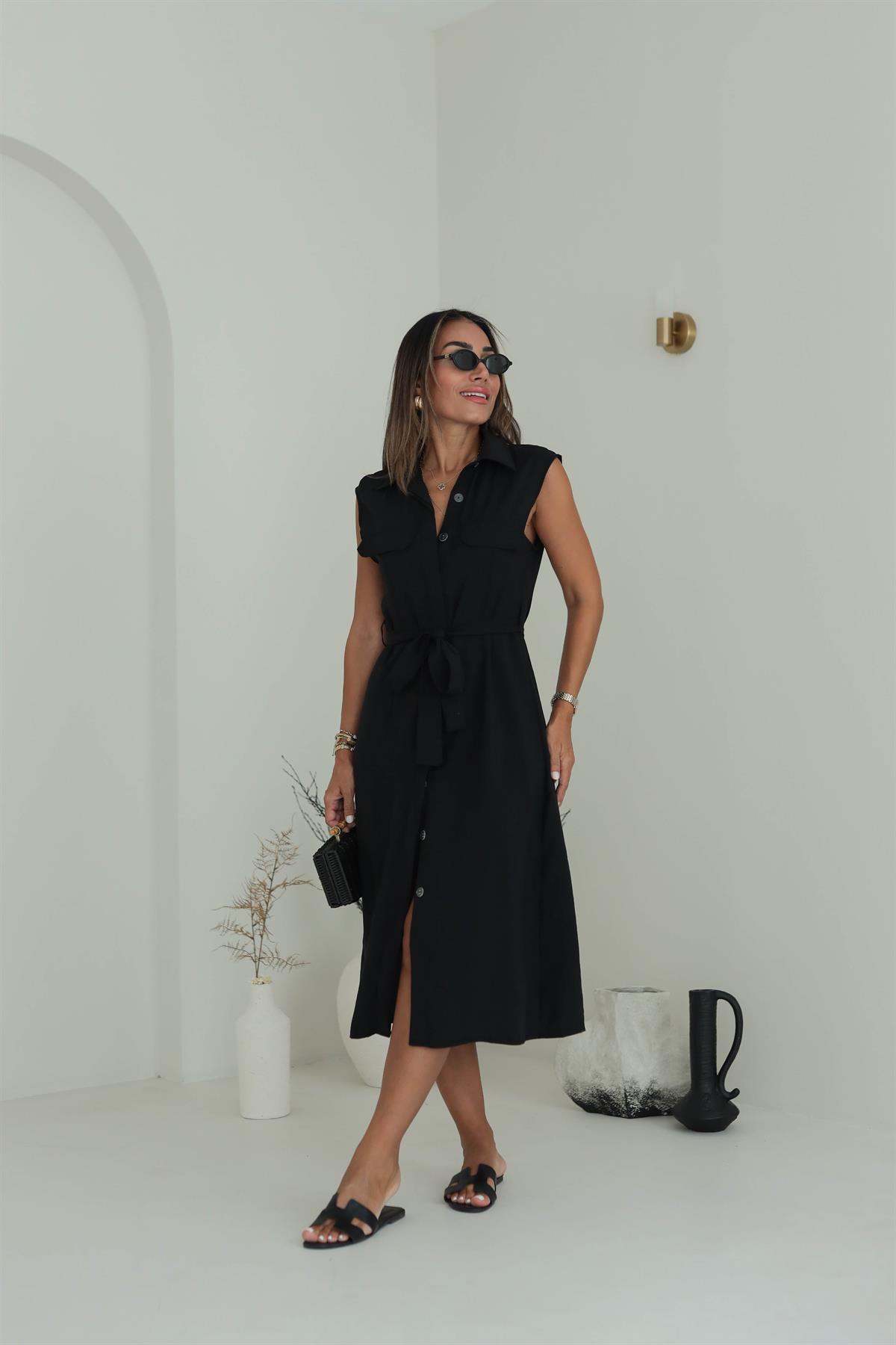 1745 Sıfır Kol Önden Düğmeli Kuşaklı Elbise