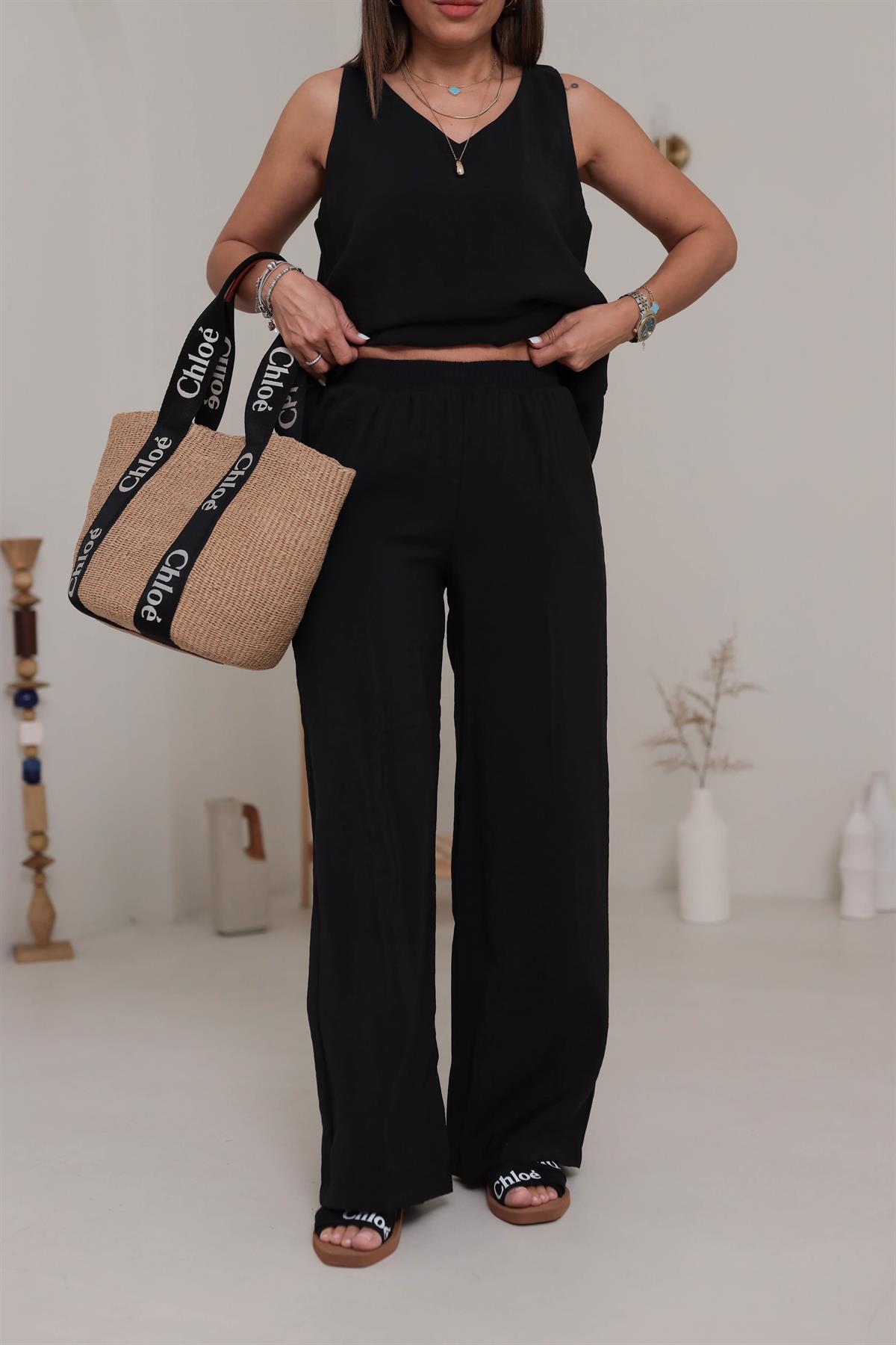 3142 V Yaka Sıfır Kol Tencel Takım SİYAH