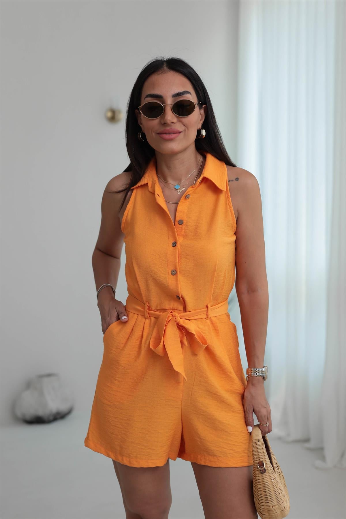 3791 Sıfır Kol Gömlek Yaka Şort Tulum ORANJ