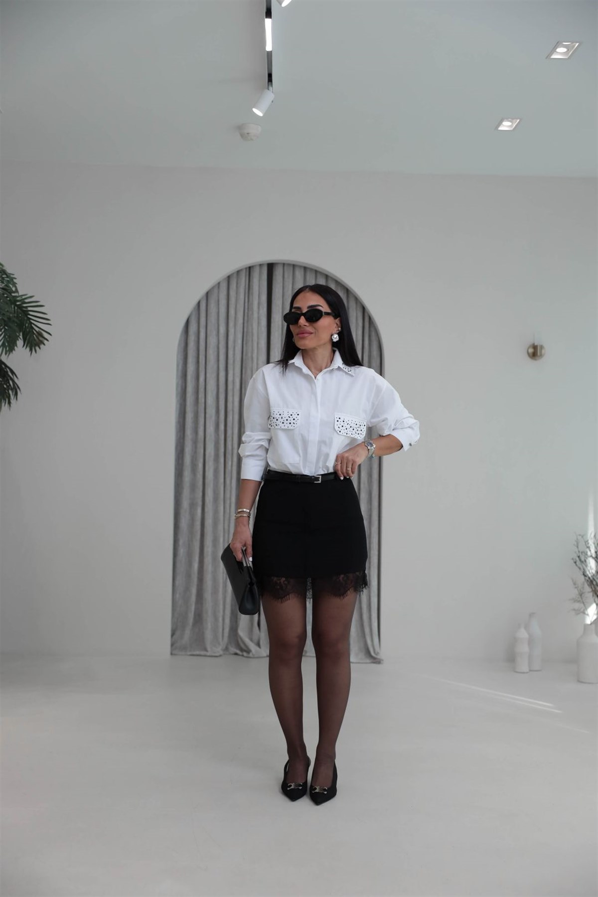 1012 Kemerli Dantelli Mini Etek SİYAH
