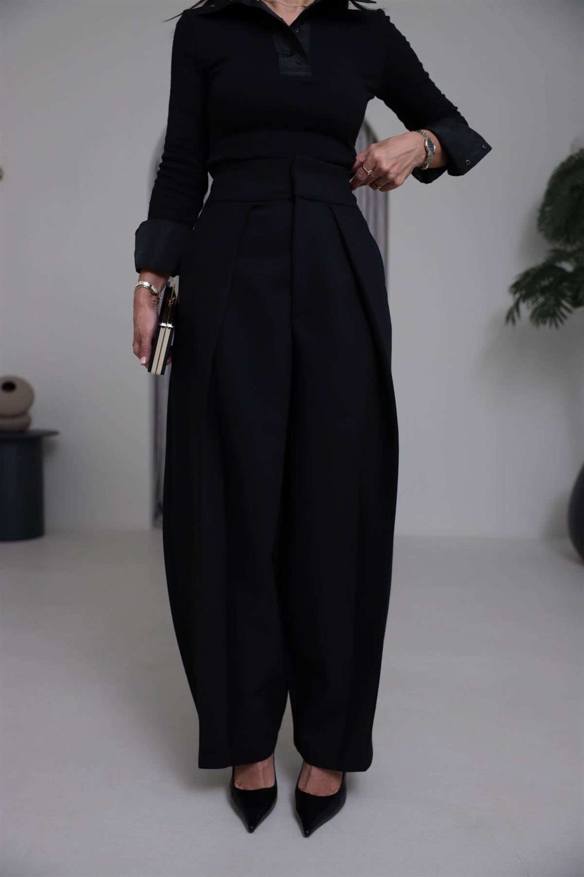 7358 Pileli Kumaş Pantolon SİYAH