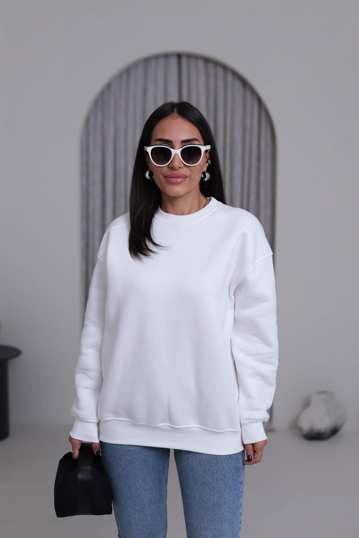 7912 Bisiklet Yaka Şardonlu Sweatshirt EKRU