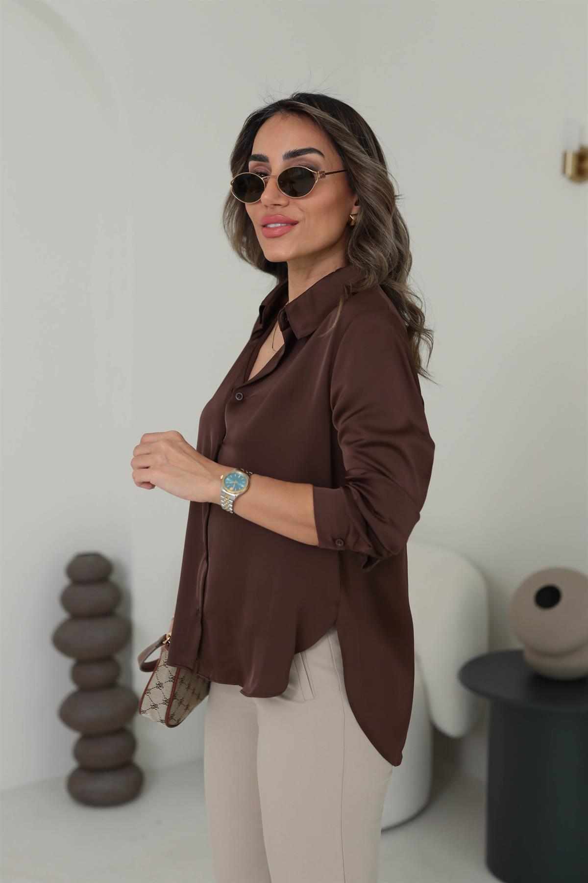 4156 Düz Saten Gömlek ACI KAHVE