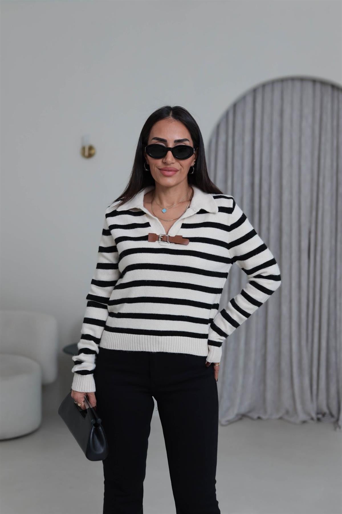 4630 Kemer Detaylı Polo Yaka Triko Bluz SİYAH