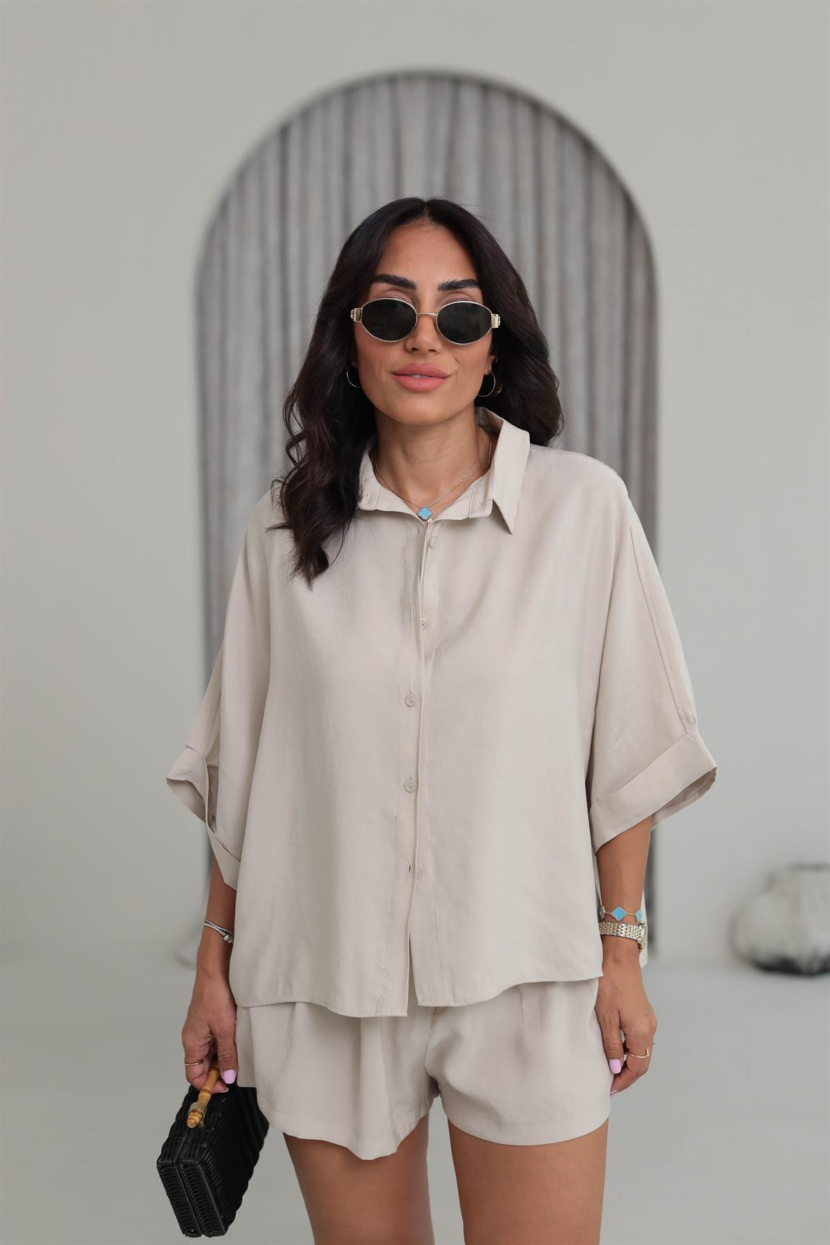 513 Tencel Düşük Omuz Gömlekli Şort Takım TAŞ