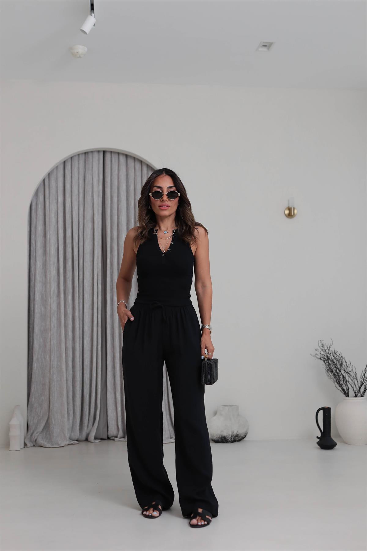 Beli Lastikli Bağcıklı Tencel Pantolon SİYAH