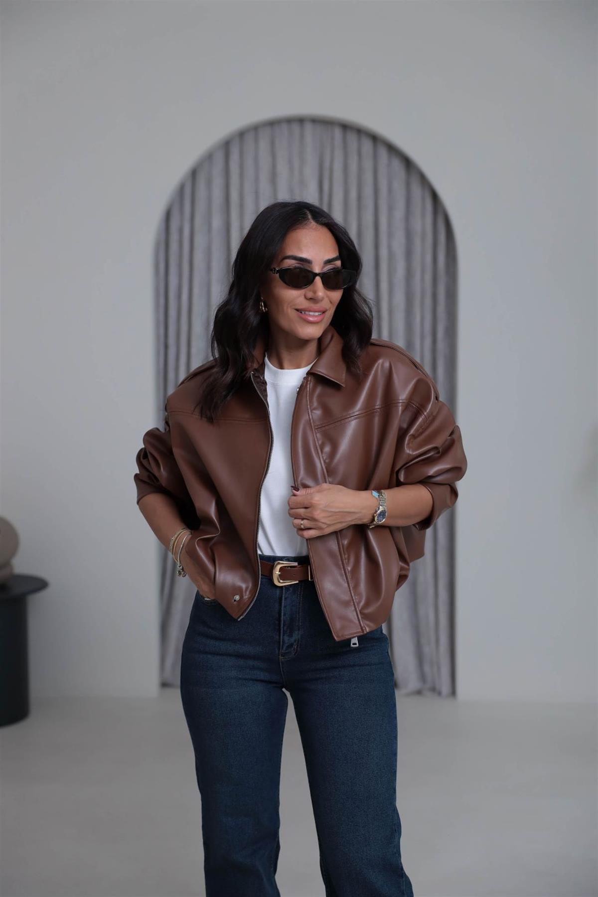 4221 Gömlek Yaka Suni Deri Bomber Ceket TABA