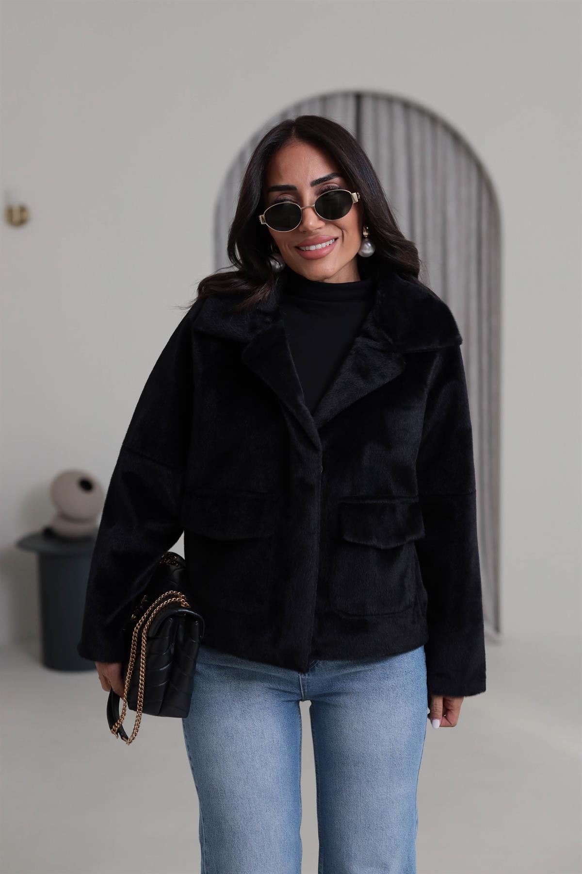 2731 Çıtçıtlı Cep Detaylı Alpaka Mont SİYAH