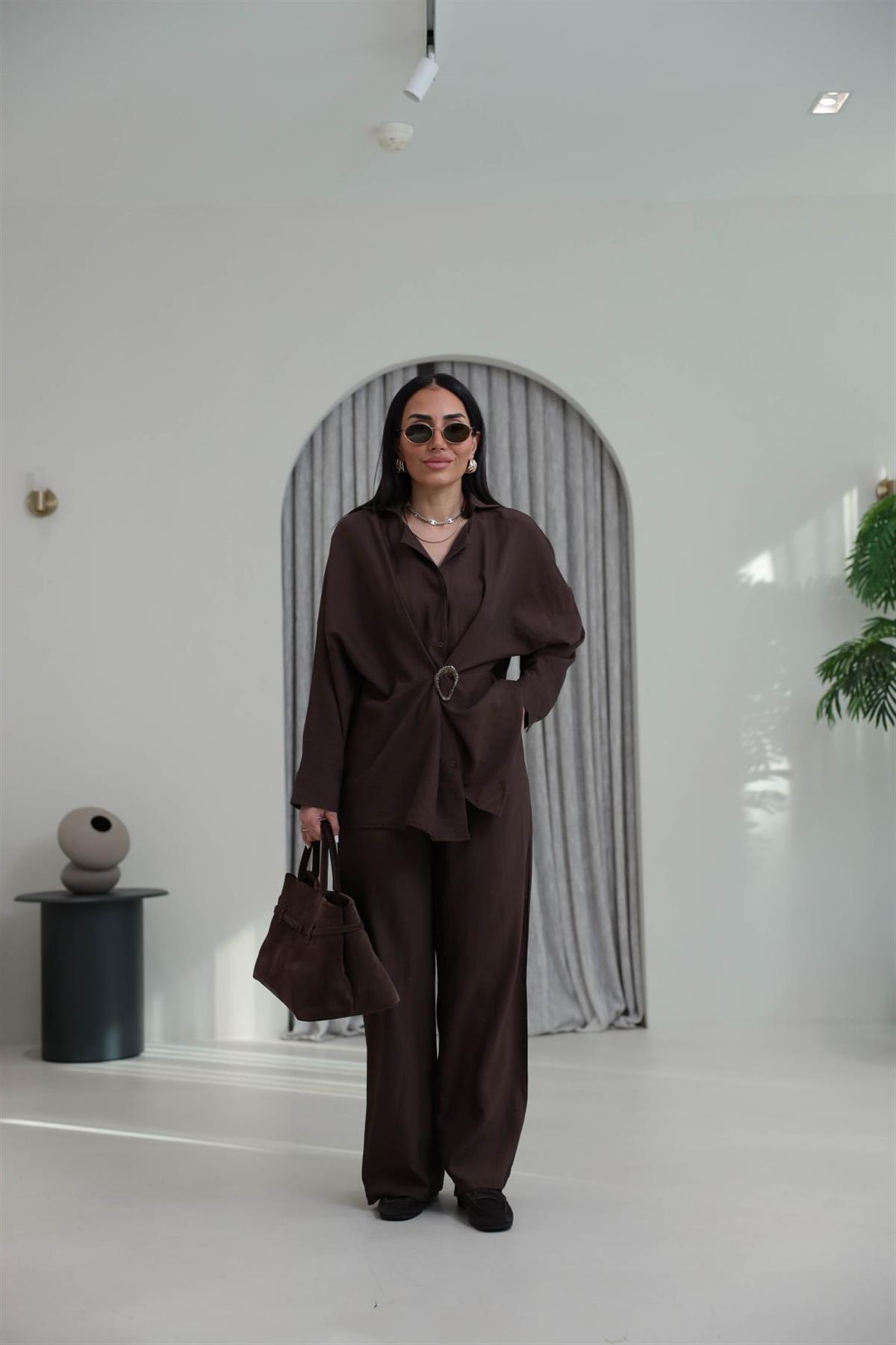 7091 Broş Detaylı Gömlek Pantolon Takım KAHVE