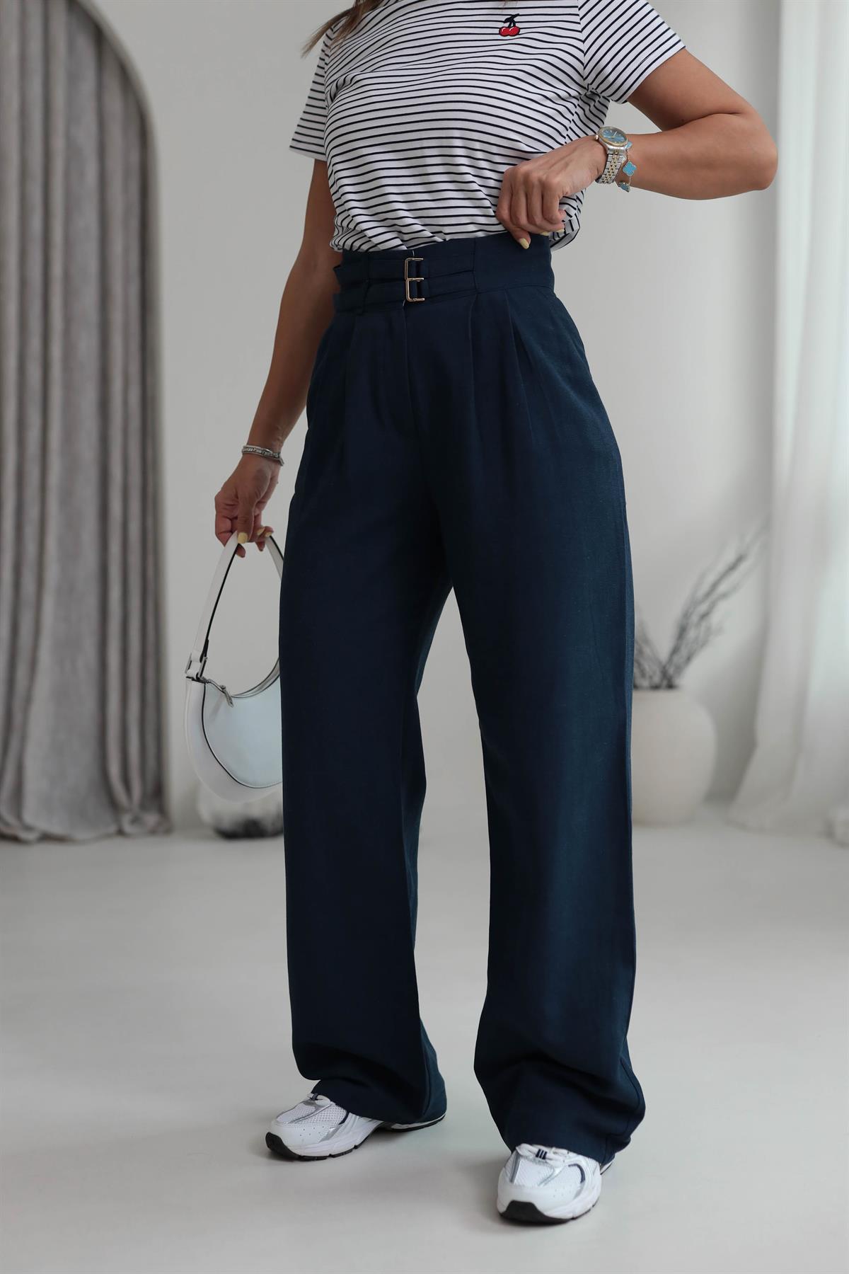 0236 Kemer Aksesuarlı Premium Keten Pantolon LACİVERT